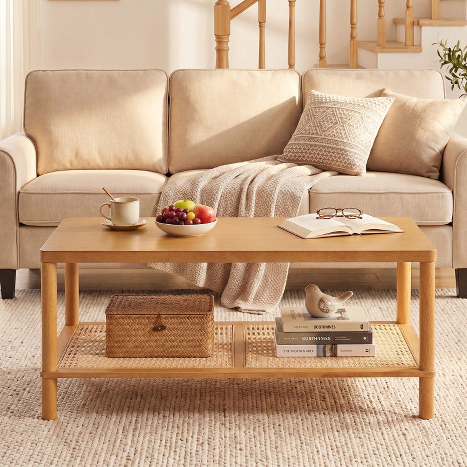 SUGIFT 39-in 185-lb Capacity 2-Tier Rustic Boho Rectangular Coffee Table with Woven PVC Rattan Shelf