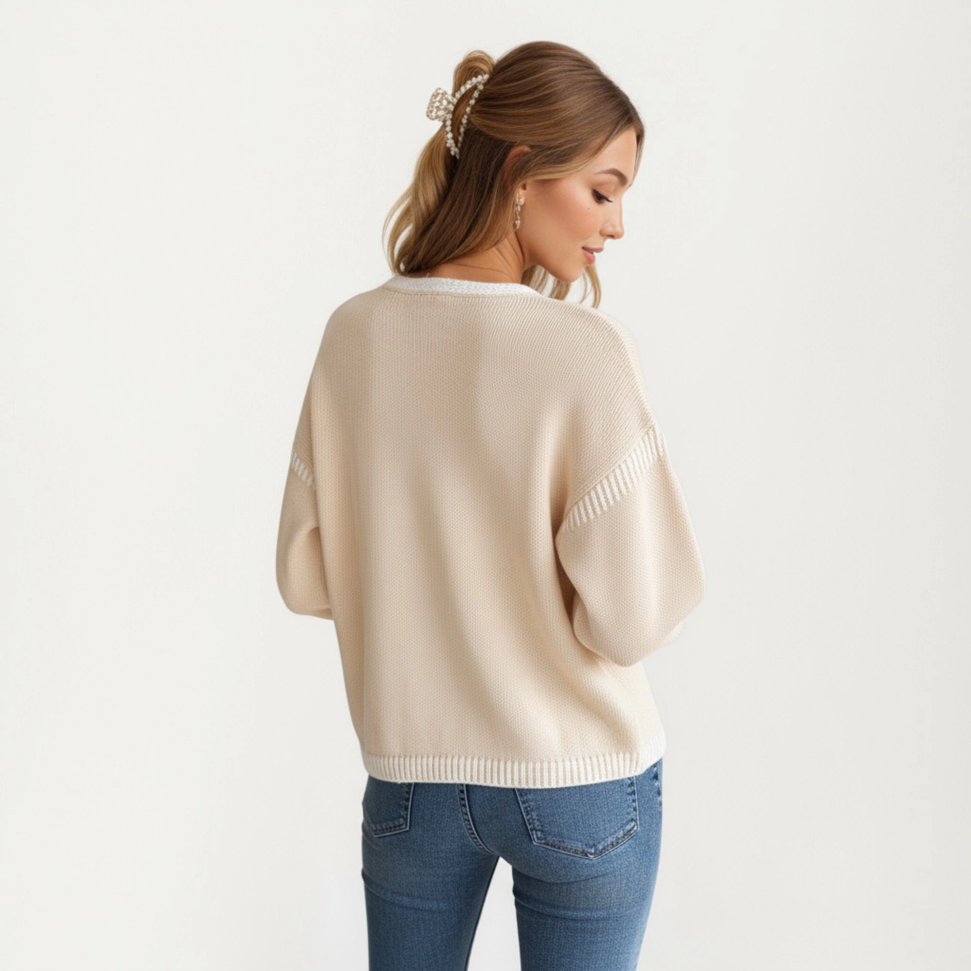 Anna-Kaci Women's Knit Cardigan with Front Tie Closures and Contrast Trim
