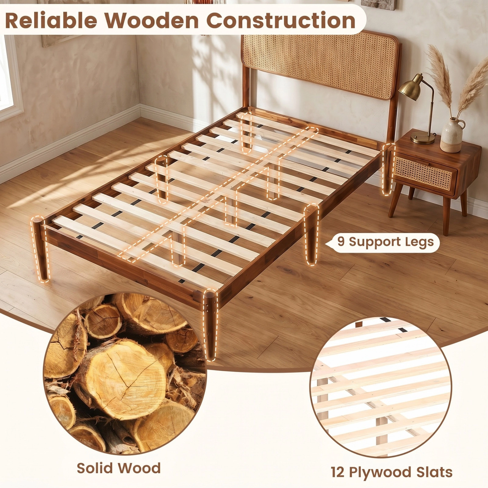 SUGIFT Twin Boho Rattan Bed Frame, Acacia Wood Platform, Brown