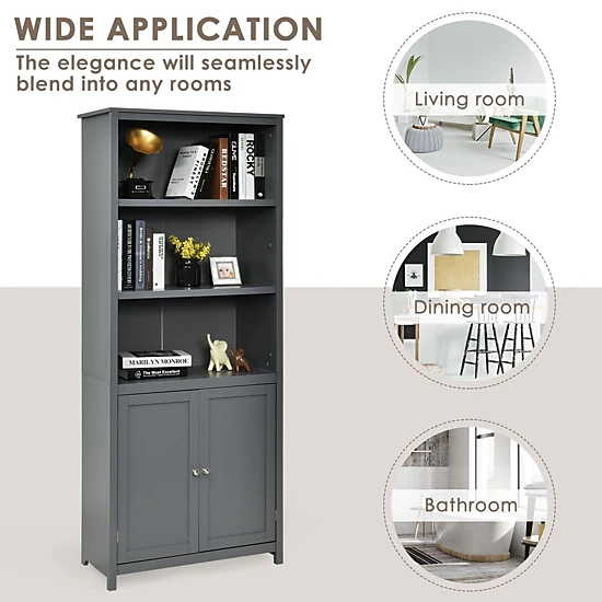 SlickBlue Unisex Gray 3-Tier Storage Shelf with Cabinet Bookcase