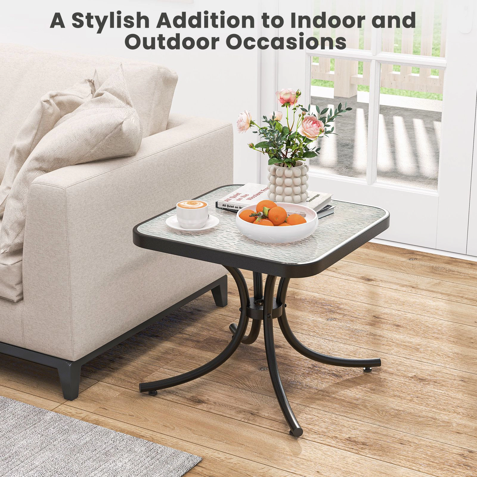 SlickBlue Outdoor Side Table with Tempered Glass Top and Metal Frame