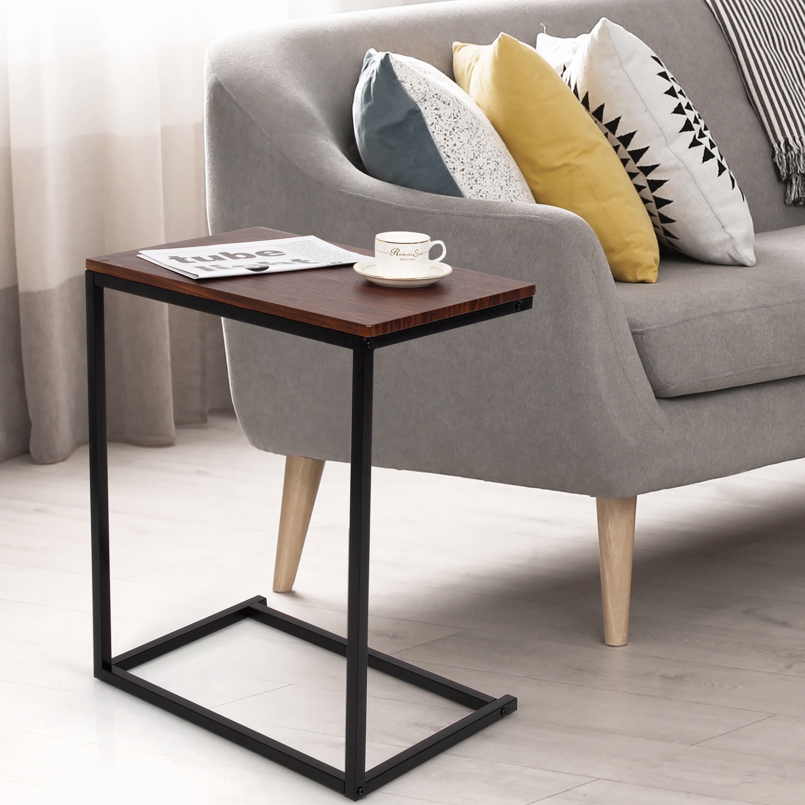 Slickblue L Shape End Table Dark Brown Metal Frame Laptop Snack Table Living Room