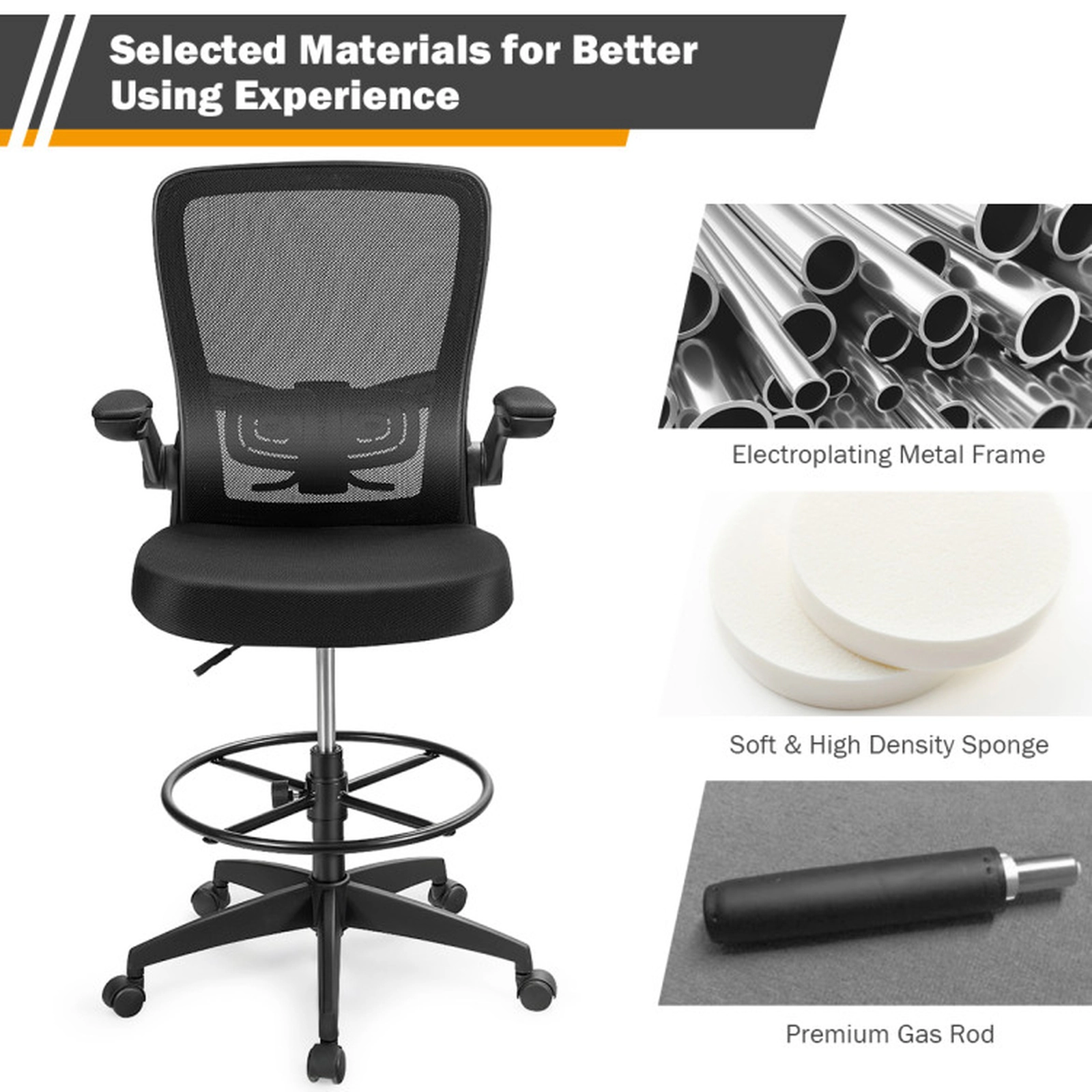 SUGIFT 300-lb Capacity Black Mesh Tall Drafting Chair with Adjustable Foot Ring and Flip-Up Arms