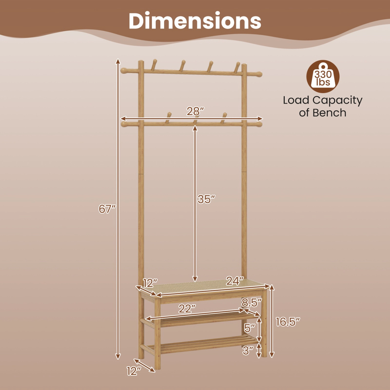 SUGIFT Bamboo Hall Tree Natural 3-in-1 Entryway Bench with PE Rattan Shoe Storage