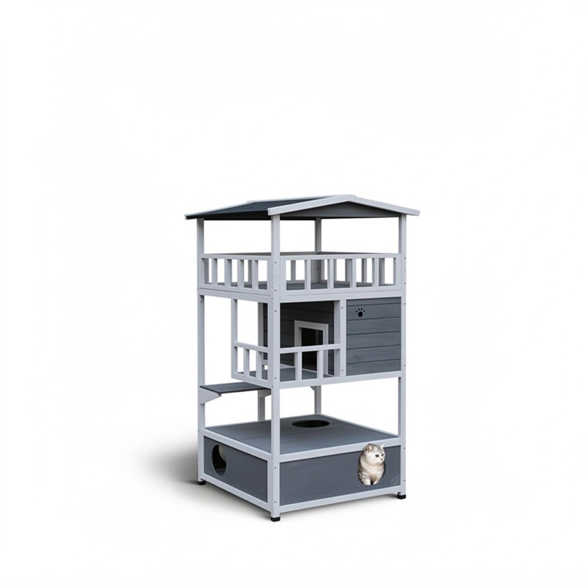 212 Main PawHut Wooden Outdoor Cat House & Feral Cat Shelter Kitten Tree with Asphalt Roof, Gray