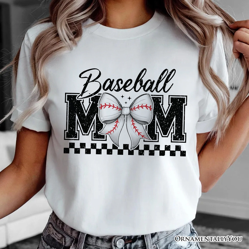 OrnamentallyYou Womens Baseball Mom Coquette Bow Retro T-Shirt
