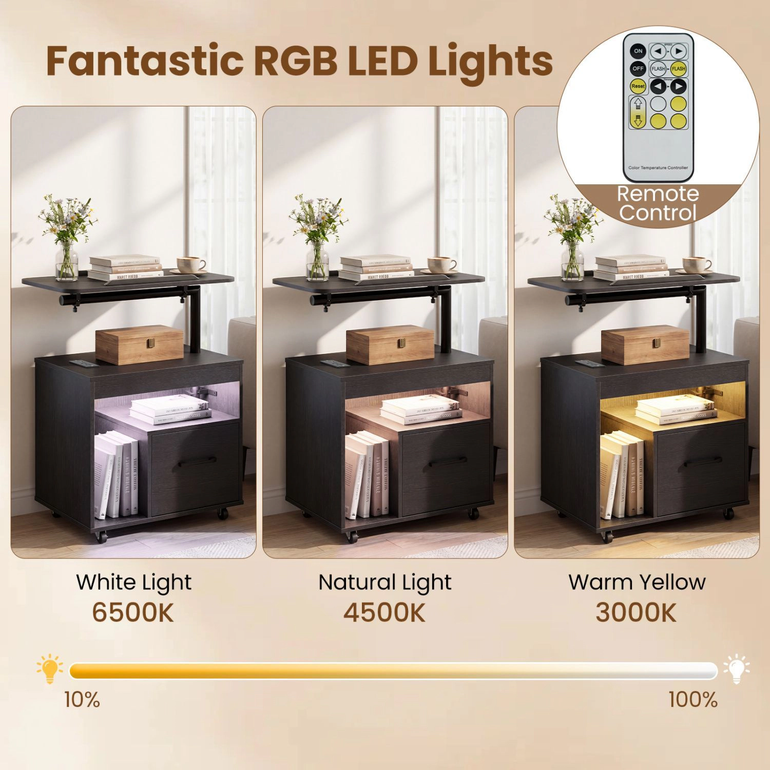 SlickBlue LED Nightstand with Charging Station & Rotating Tabletop