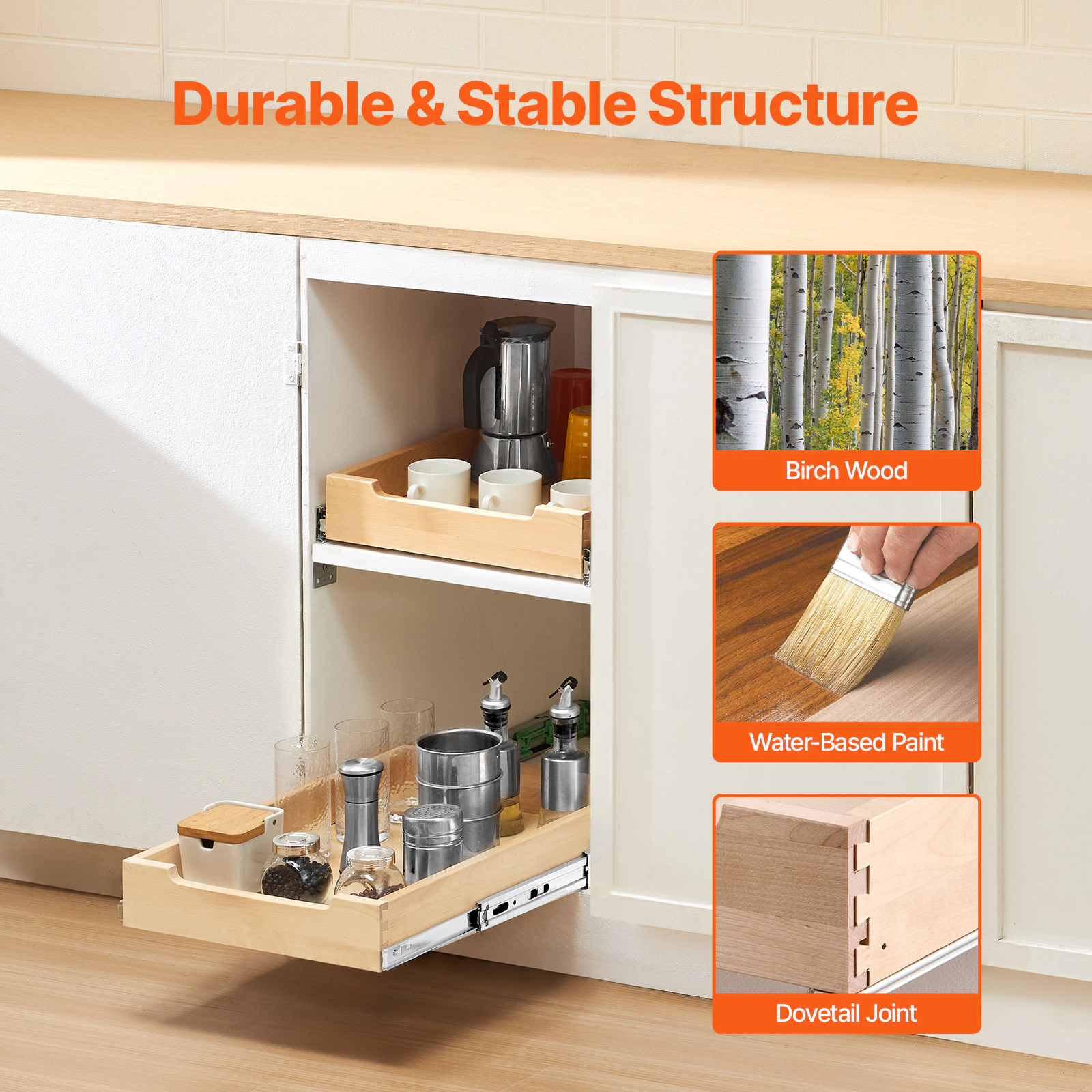 HONGGE Pull Out Cabinet Organizer Cabinet Drawer Soft Close Slide out Shelf Heavy-Duty Sliding Wood Drawer Bottom and