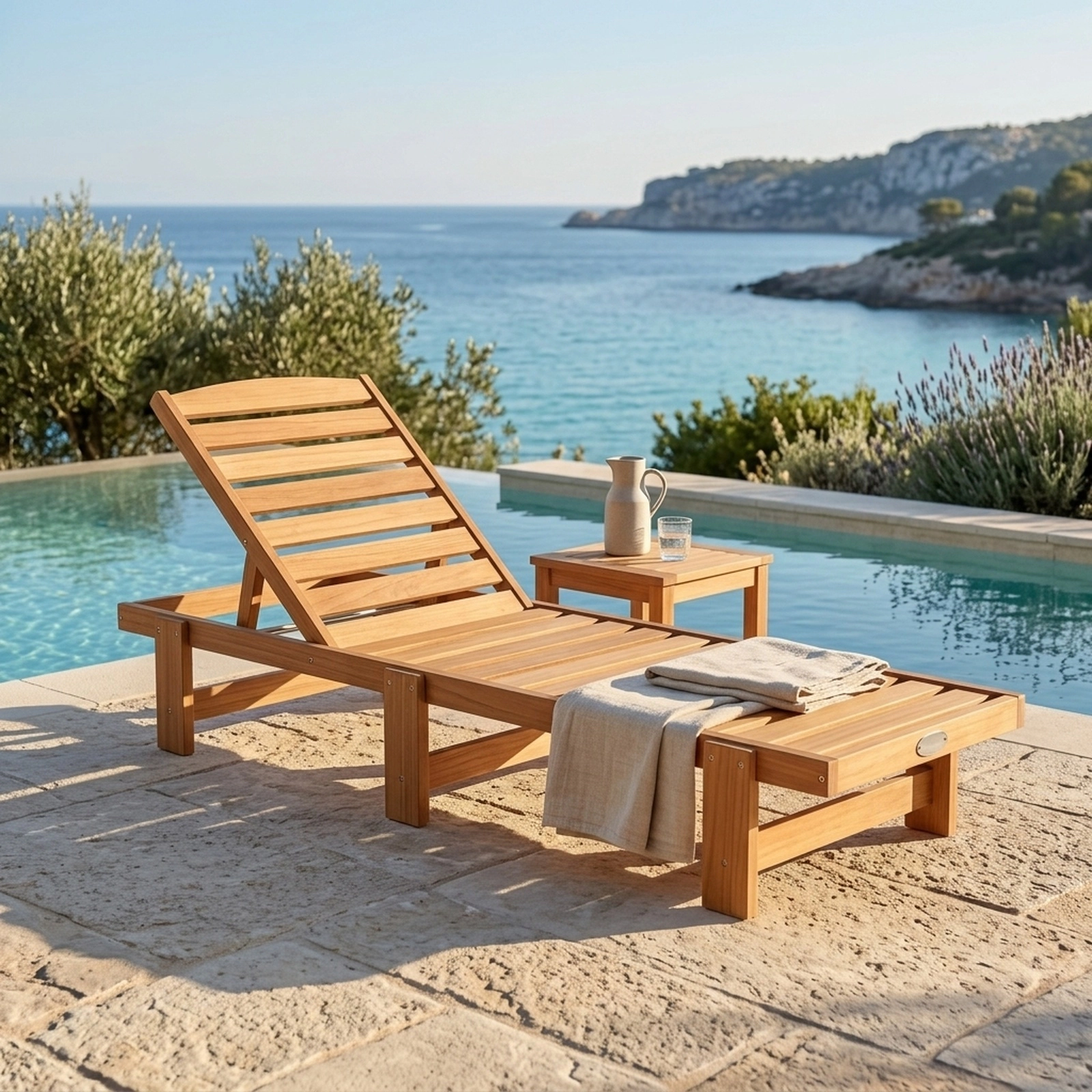 SUGIFT Solid Wood Patio Chaise Lounge, Slatted Recliner, 5-Position Backrest, Natural
