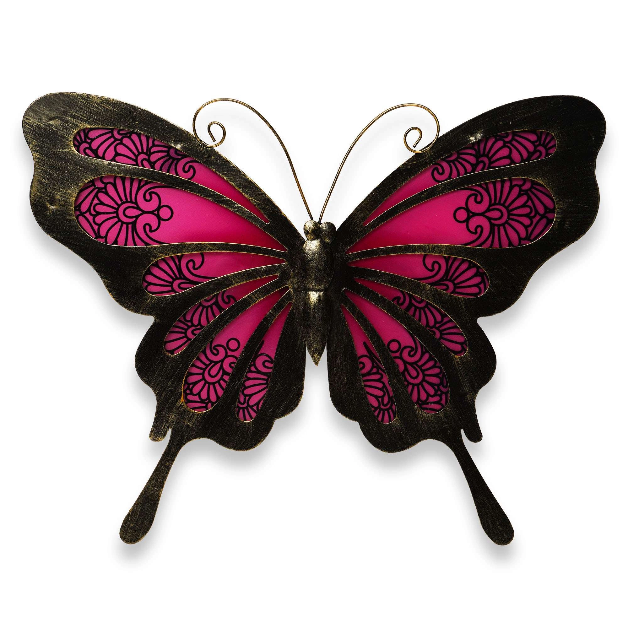 G128 Hand-Painted Pink Butterfly Metal Wall Art - 12 x 9 in Indoor Outdoor Wall Hanging