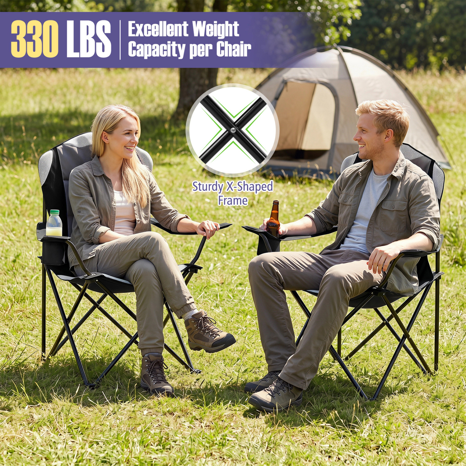 LJG 2 Pieces Folding Camping Chairs for Adults with Cup Holders