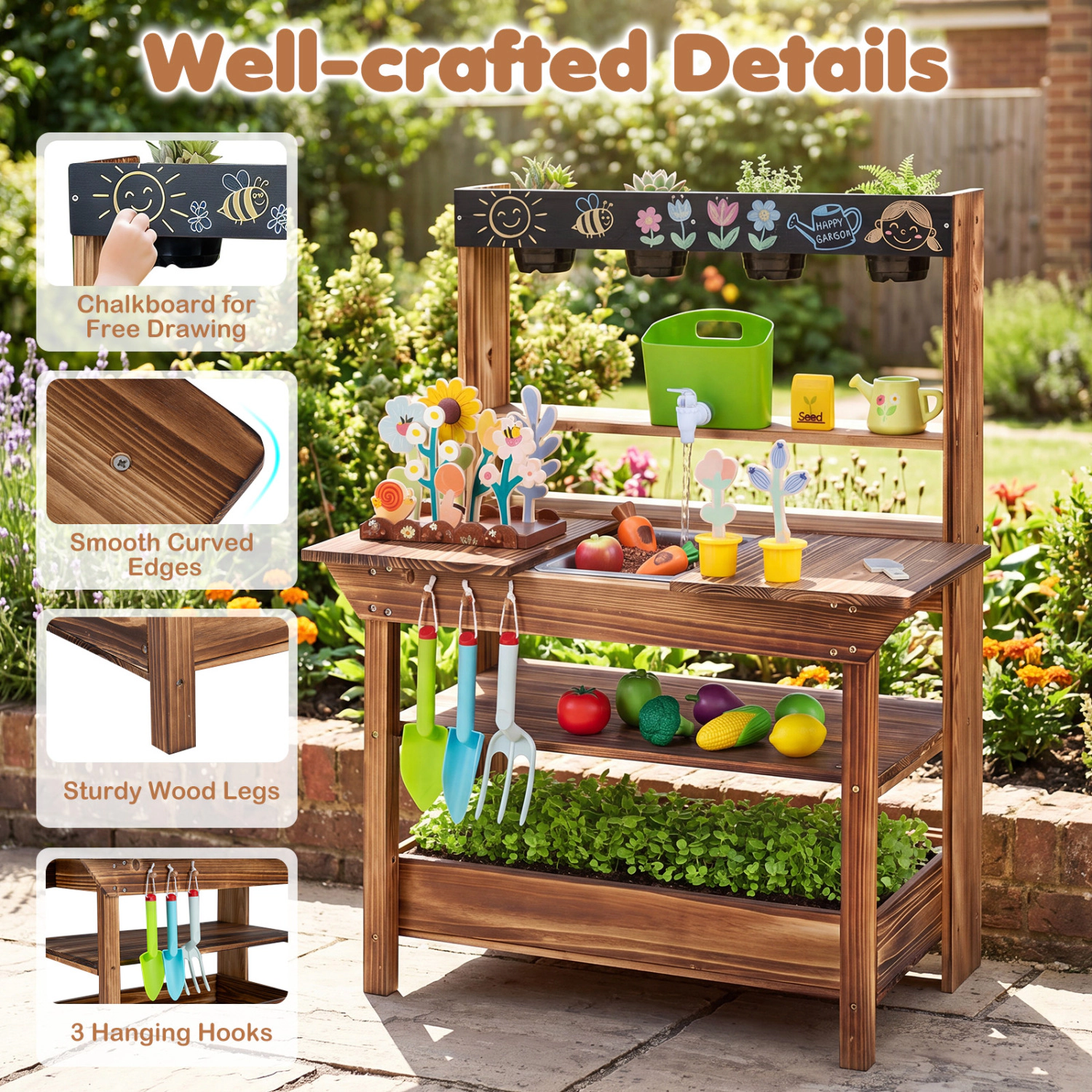 Hivvago Outdoor Wood Mud Kitchen with Water Faucet and Planter