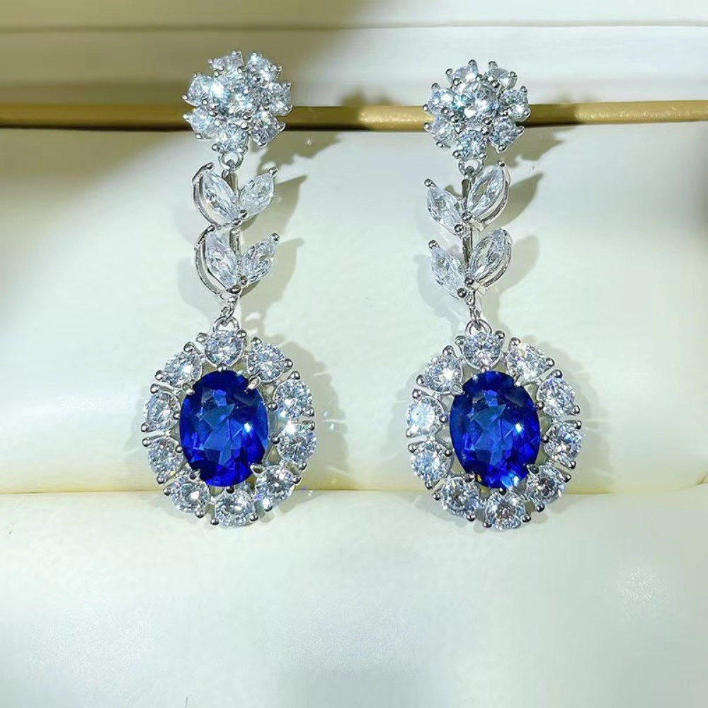 Oval Blue Sapphire Simulant Floral Leaf Dangle Earring