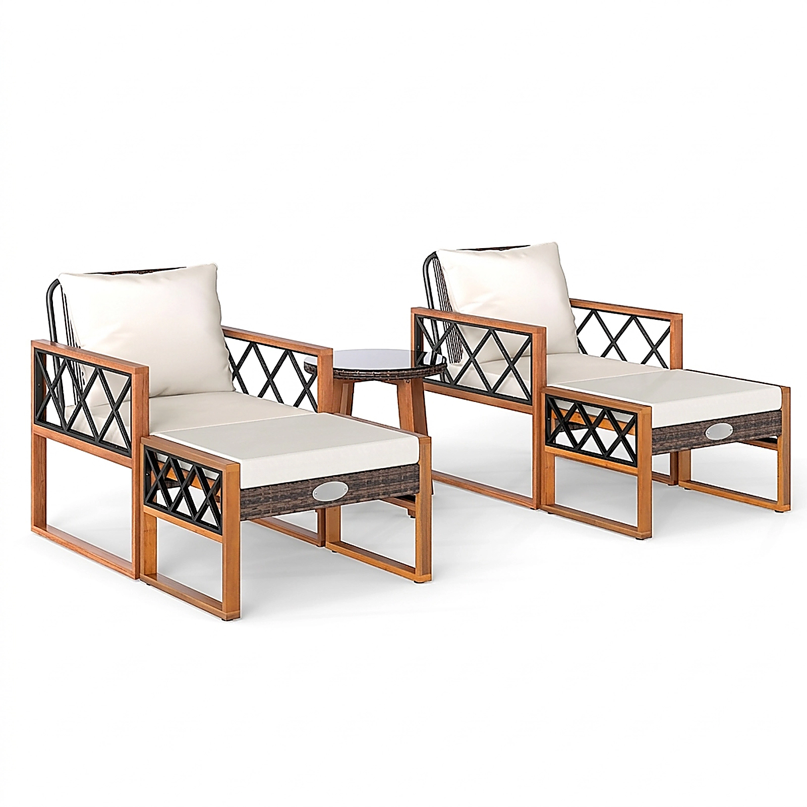 SUGIFT 5-Piece Brown Wicker Patio Set with 2 Lounge Chairs, 2 Ottomans and Acacia Wood Glass-Top Table