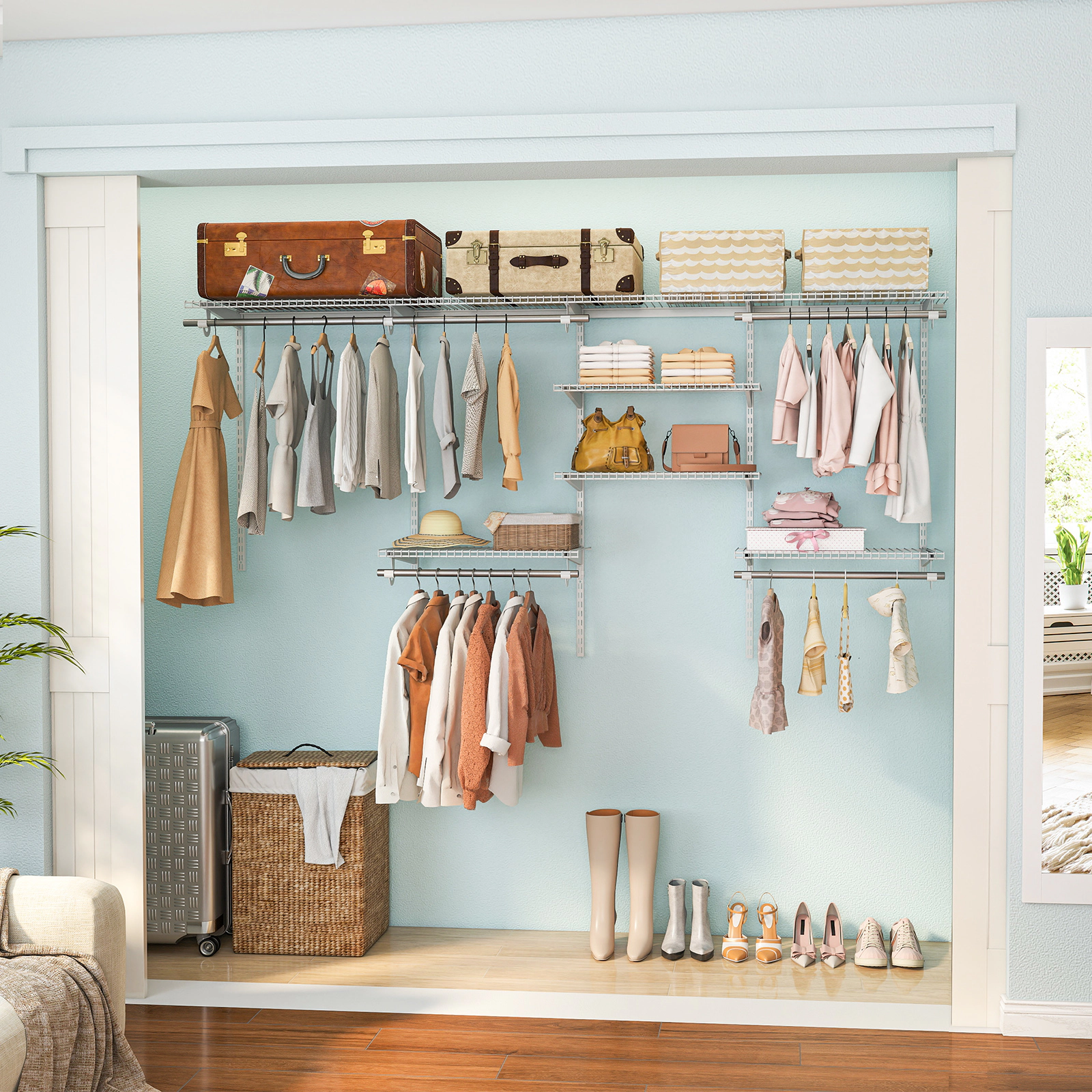 SUGIFT 4-ft to 8-ft Wall Mounted Closet Organizer System with 5 Hanging Rods and 7 Shelves for Laundry