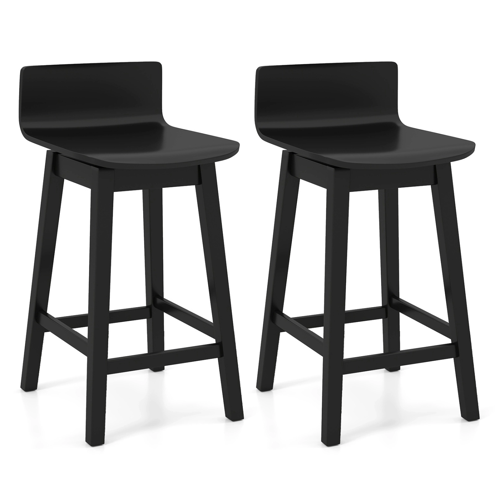 SUGIFT Low Back and Rubber Wood Legs Set of 2 Black 24.5 in Swivel Wooden Bar Stools