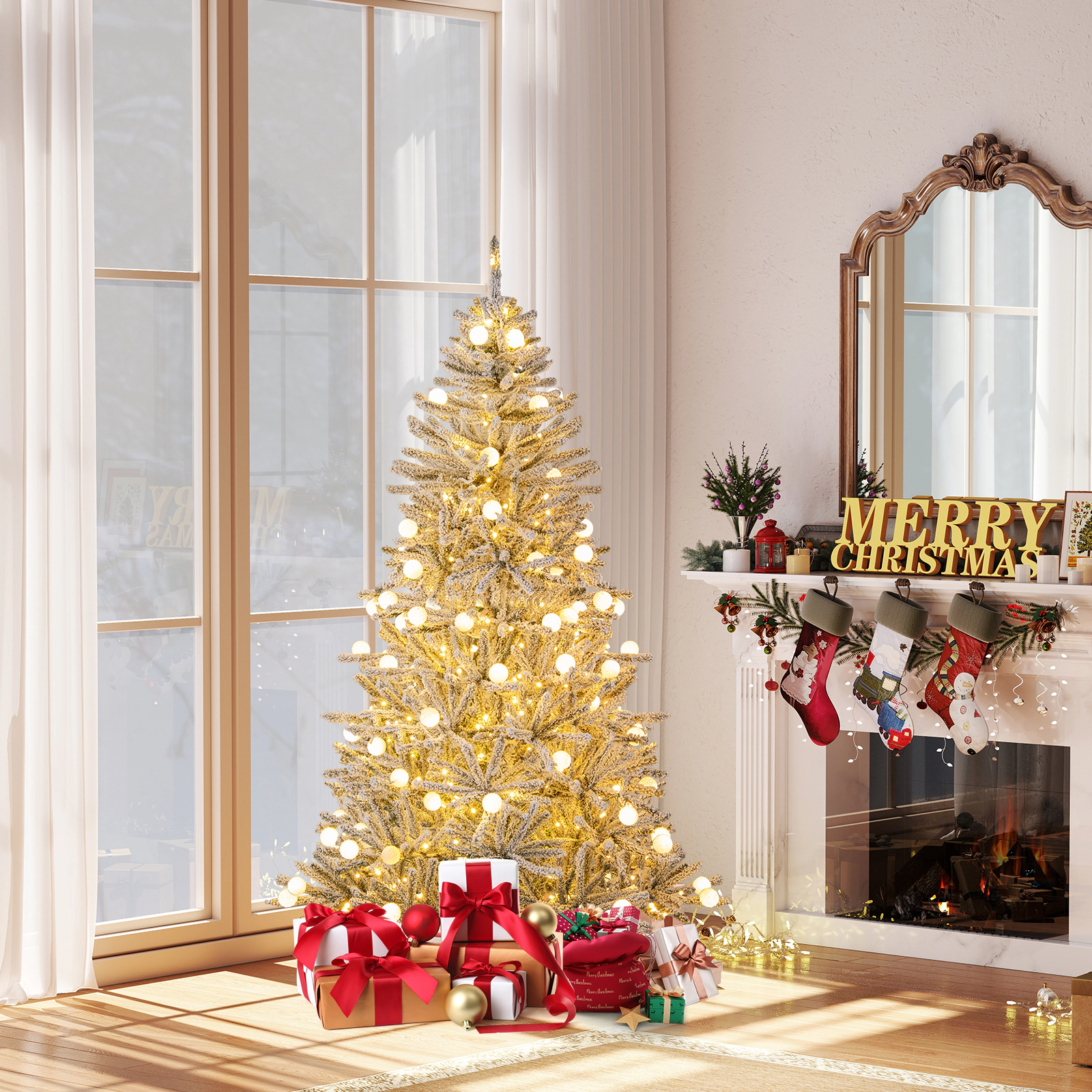 SUGIFT 6-ft Snow Flocked Hinged Pre-Lit Artificial Christmas Tree 637 Branch Tips 250 LED 51 Sphere Lights White