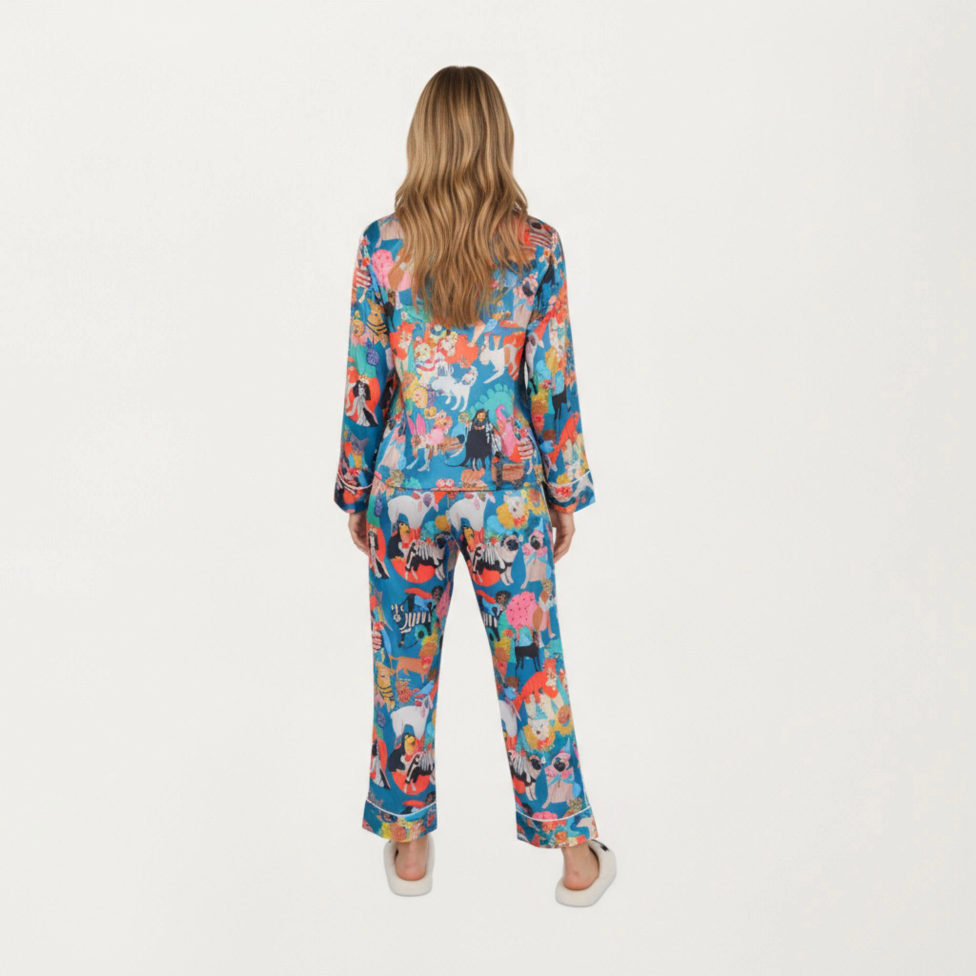 Anna-Kaci Women's 2-Piece Long Sleeve Button Front Top and Relaxed Fit Pants Pajama Set with Playful Dog Print