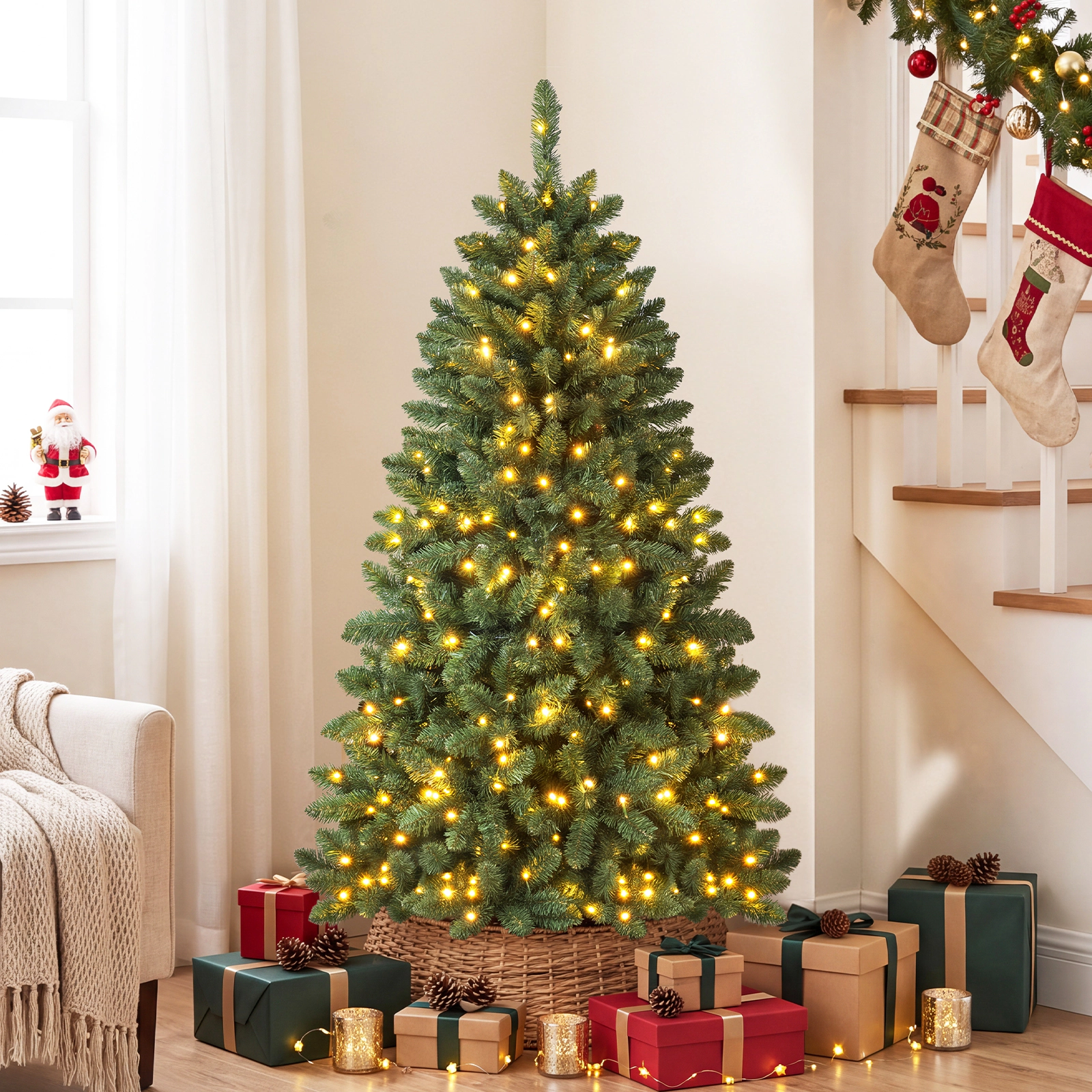 Costway 5 FT Pre-Lit Half Christmas Tree Hinged with 170 LED Lights Green