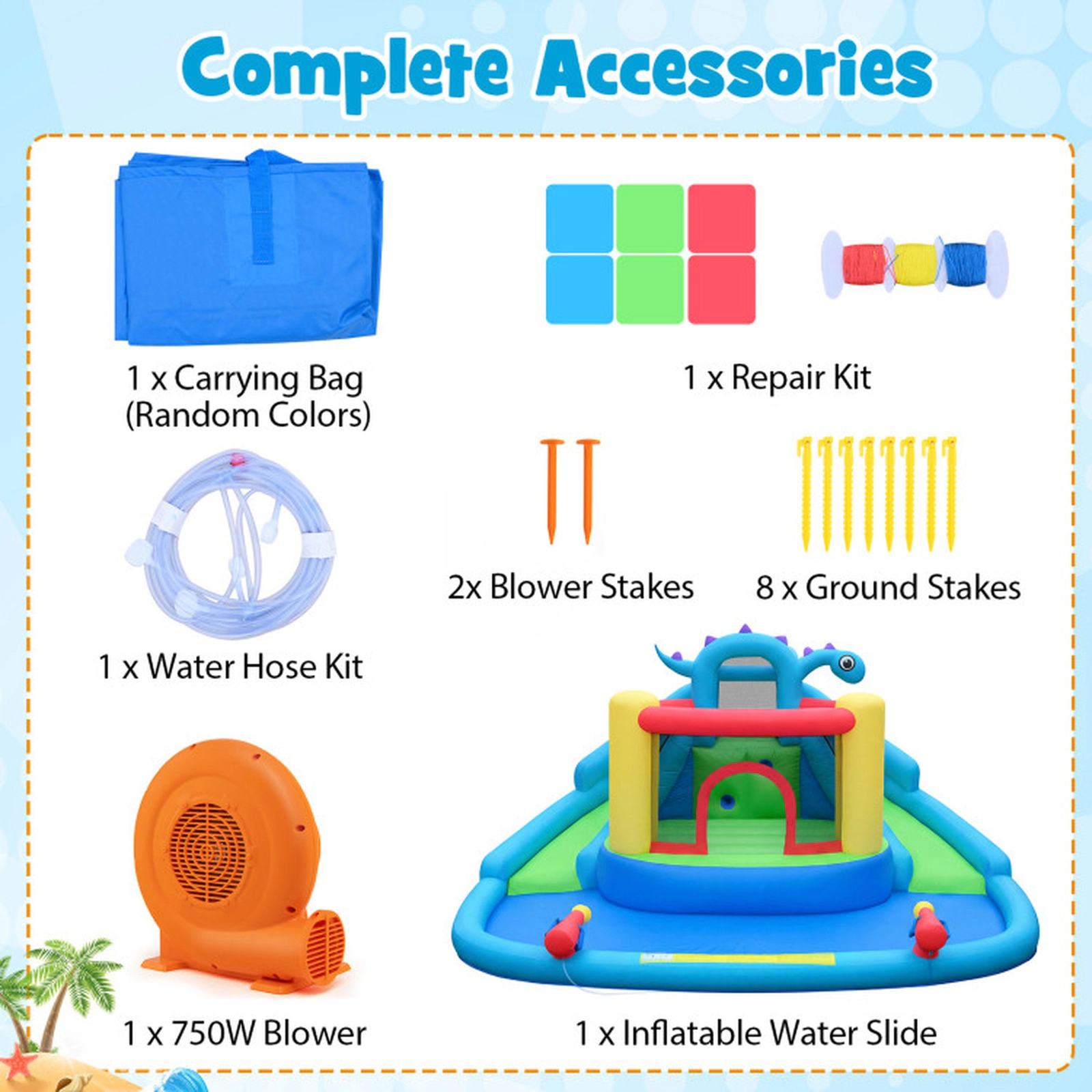 SUGIFT Kids Multicolor Dinosaur Bounce House with Slides Splash Pool and 750W Blower 158-in W 300-lb Total Capacity