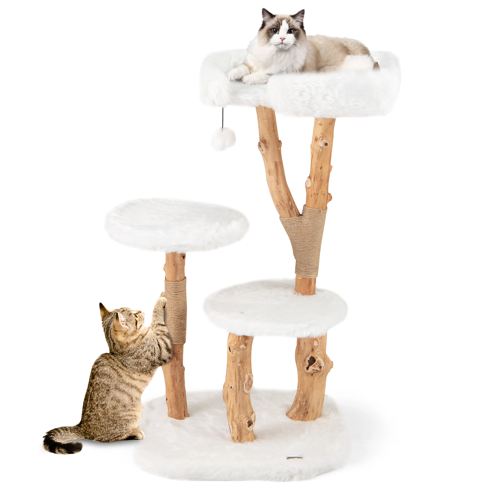 Glintex 44-Inch Pear Wood Cat Tree with Heightened Perch Edge and Jute Posts, Natural