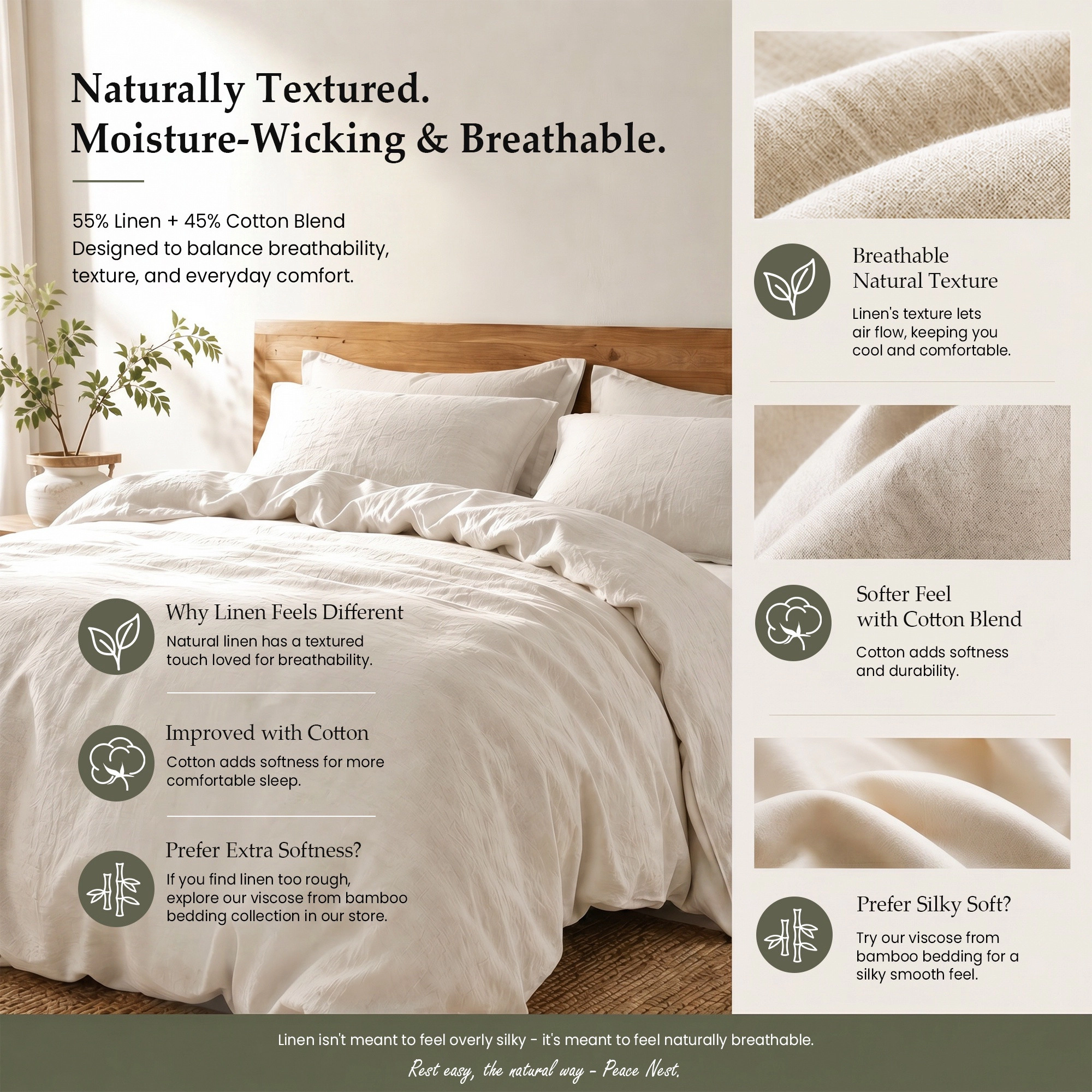 PEACENEST Linen Cotton Blend Duvet Cover Set, Breathable Lightweight Bedding Set