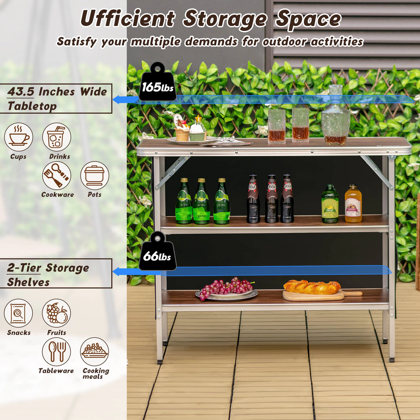 SUGIFT Folding Camping Table with 2-Tier Open Shelves 165-lb Tabletop Capacity 66-lb Shelf Capacity Black/Coffee