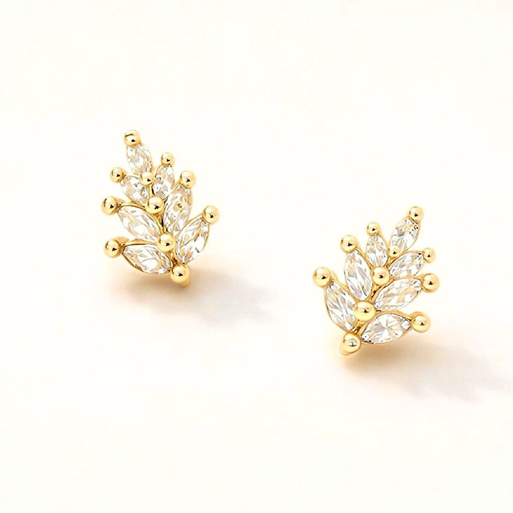 FASHNZFAB 14K Gold Dipped CZ Marquise Leaf Stud Earrings