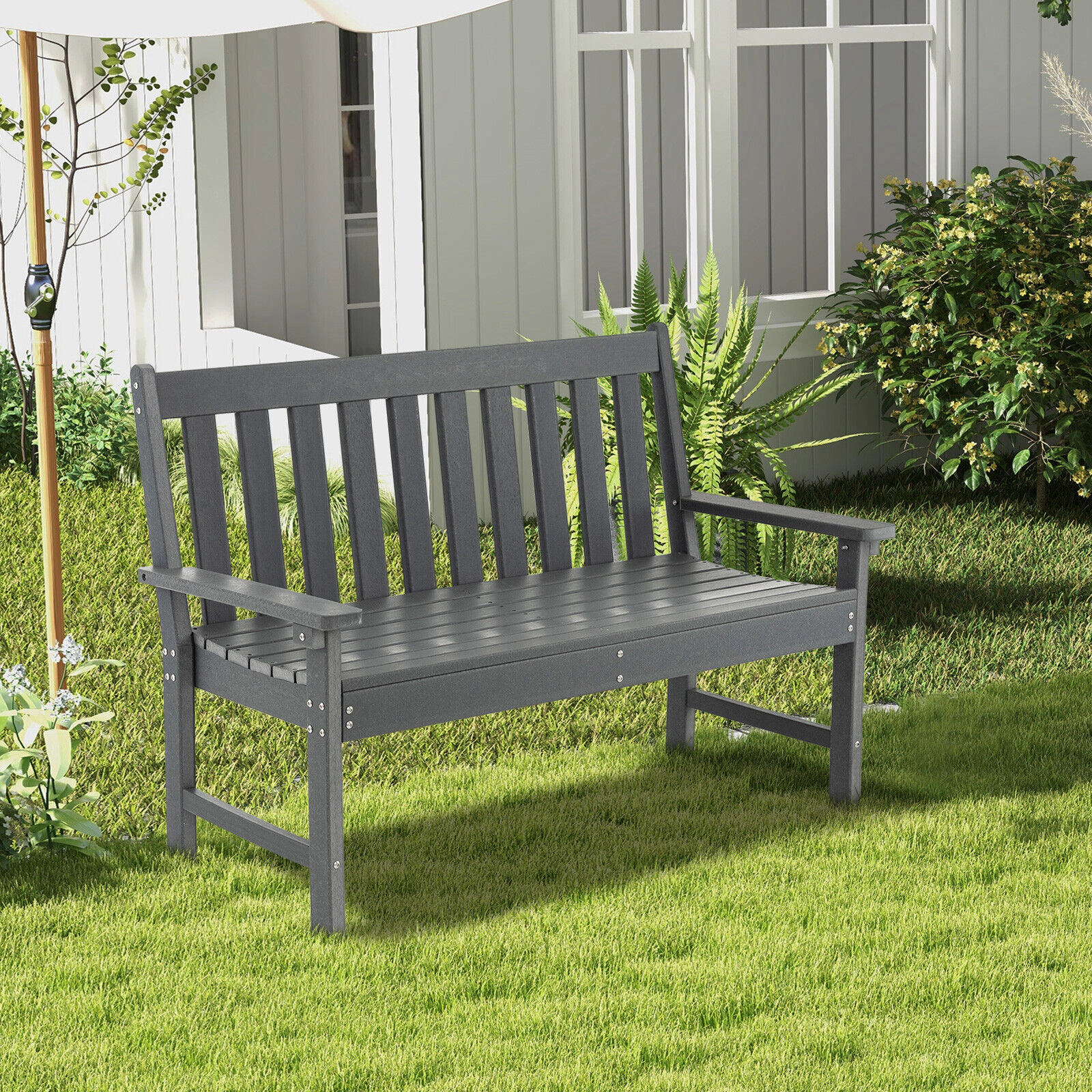 SUGIFT 52-in All-Weather HDPE Outdoor Bench with Backrest and Armrests 705-lb Capacity 52 x 25.5 x 36 in Gray