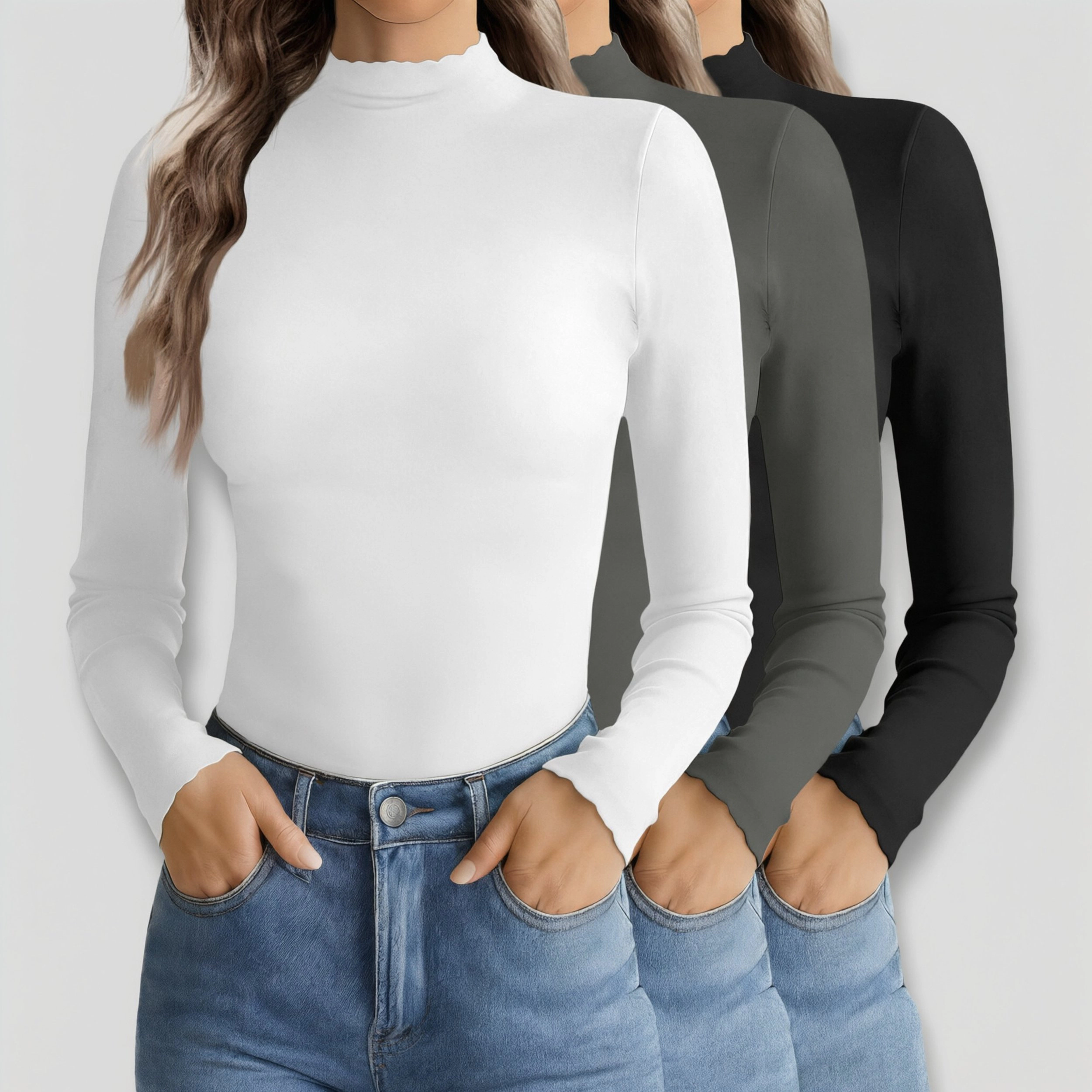 Ekouaer Women's Lettuce Edge Mock Neck Long Sleeve T-Shirt
