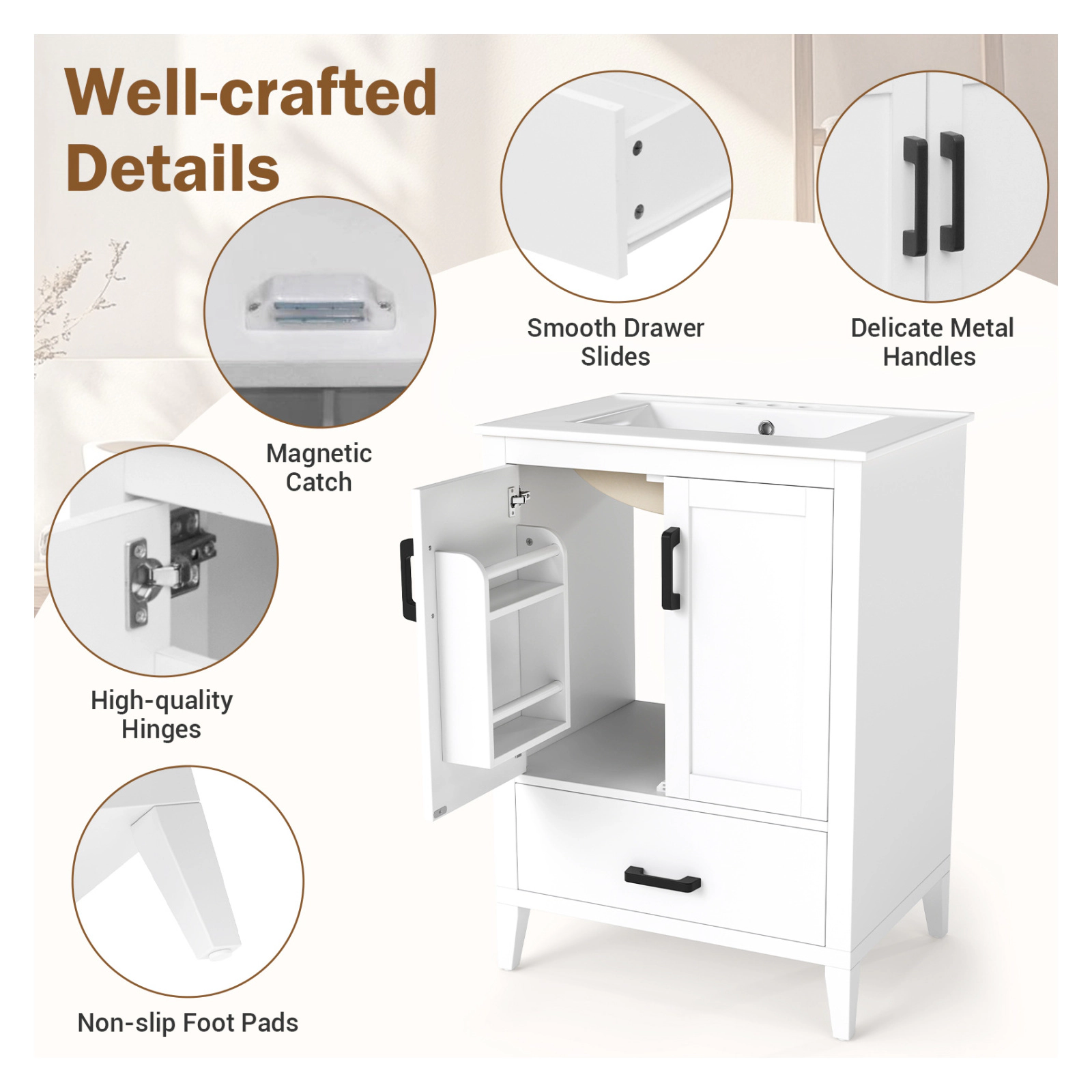 Glintex 24.5-Inch Vanity with Ceramic Sink Door Shelves and Divided Drawer, White