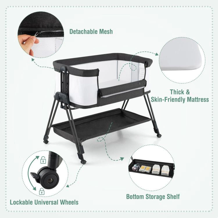 SUGIFT Portable Bedside Baby Sleeper Bassinet with 7 Adjustable Heights 20-lb Capacity Ages 0-6 Months Gray/Black