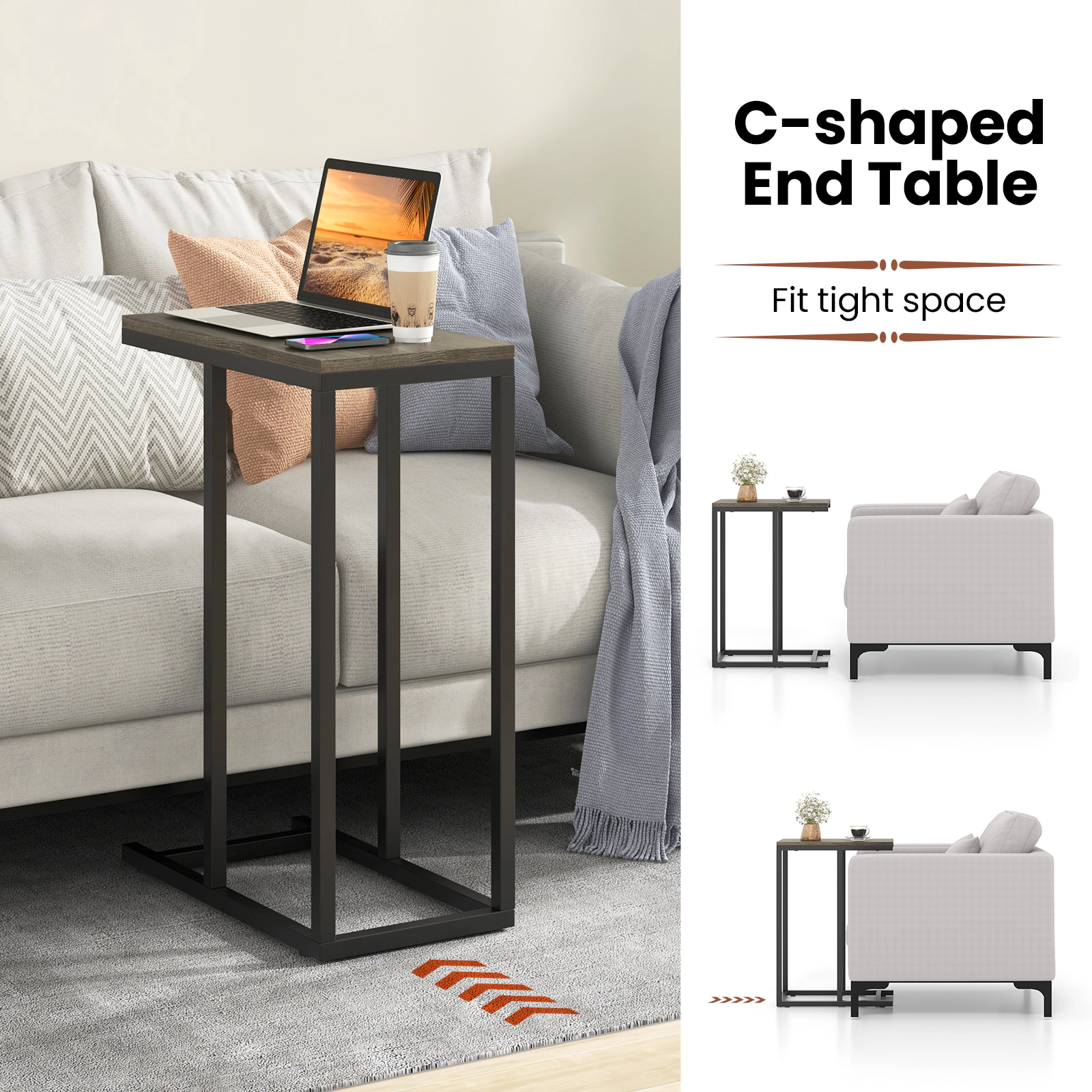 SUGIFT Heavy-Duty Metal Frame and 1 Low Base C-Shaped Side Table