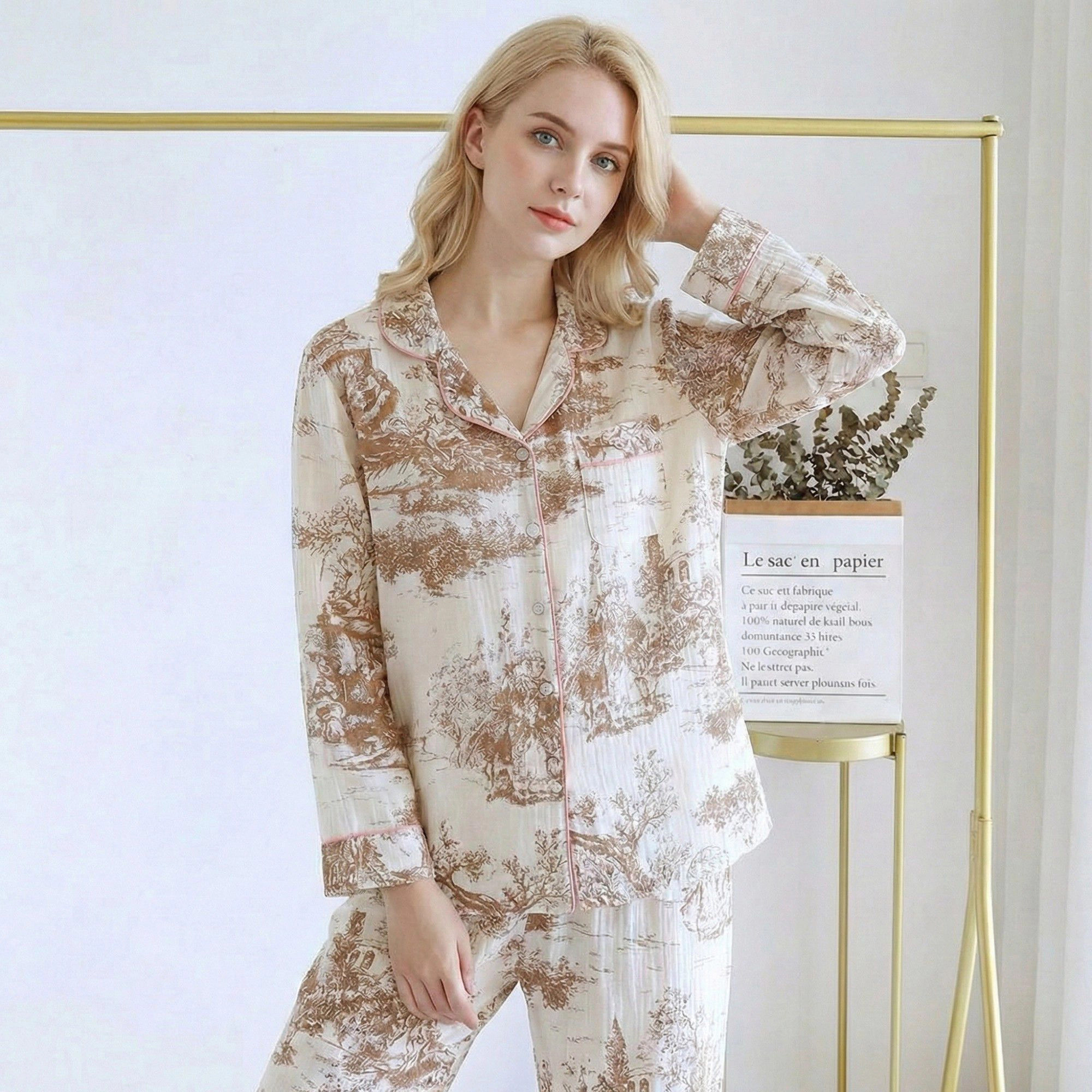 Anna-Kaci Women's Printed Button Up Pajama Set with Piping Details