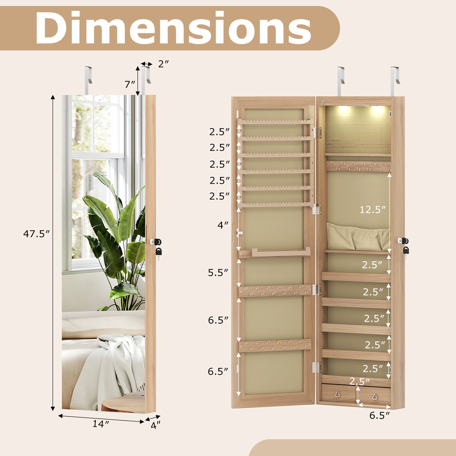 SUGIFT 54.5-in Natural Wall and Door Mounted Jewelry Organizer Cabinet with 36 Hooks and Auto LED Lights