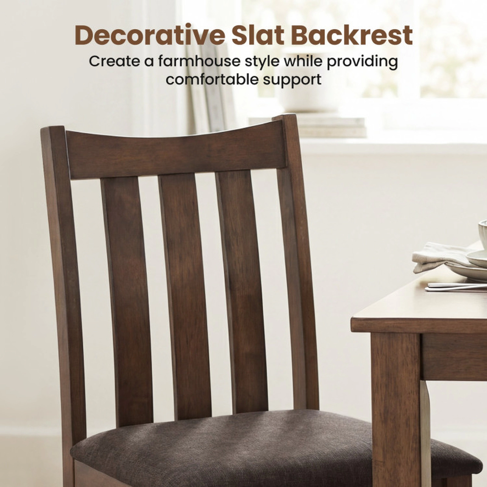 SUGIFT Rubber Wood Slat Back Dining Side Chairs Set of 4 330-lb Capacity Brown and Brownish Gray