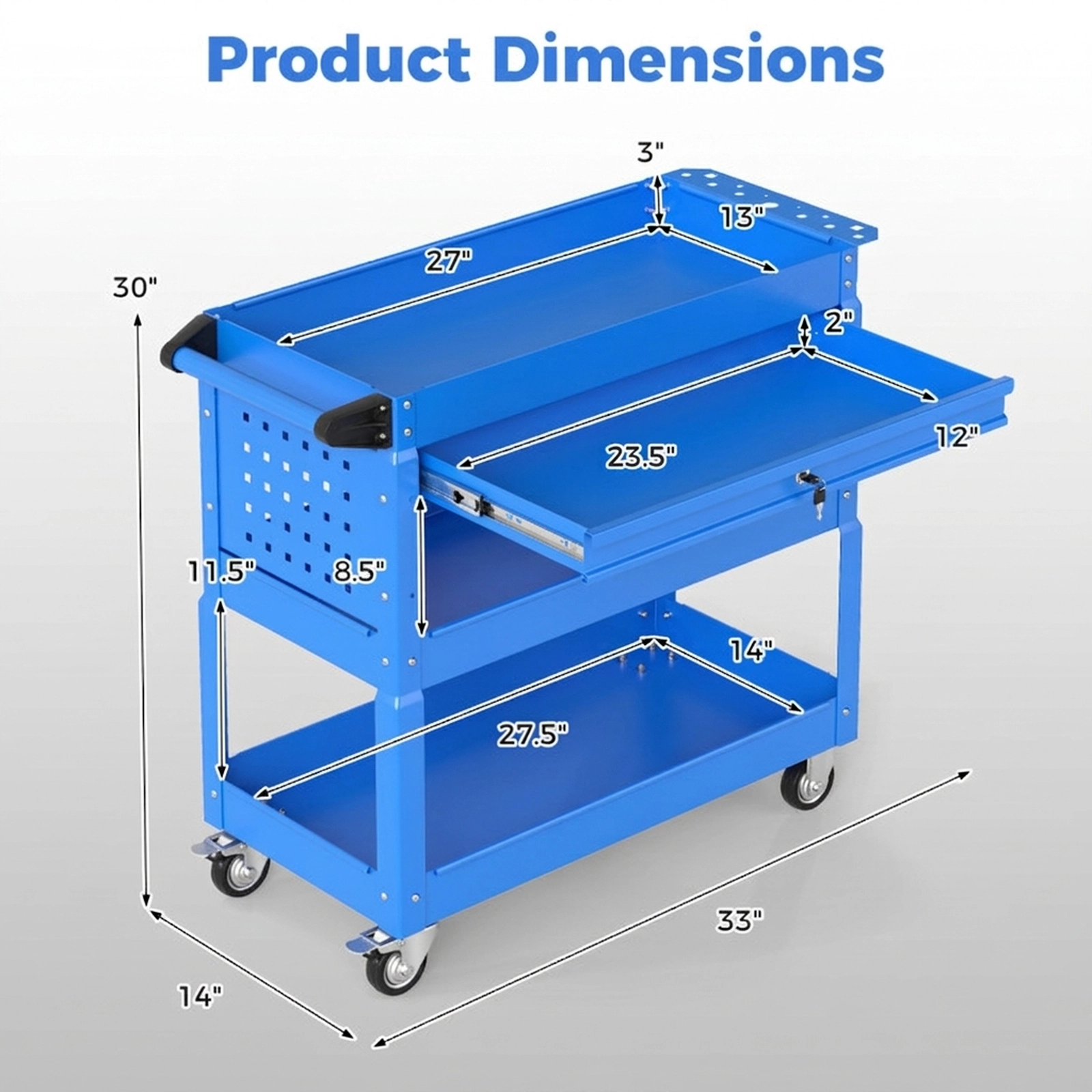 SUGIFT 3-Tier Lockable Drawer 4 Hooks Pegboard Metal Rolling Tool Cart 33-in x 14-in x 30-in 350-lb Capacity Blue