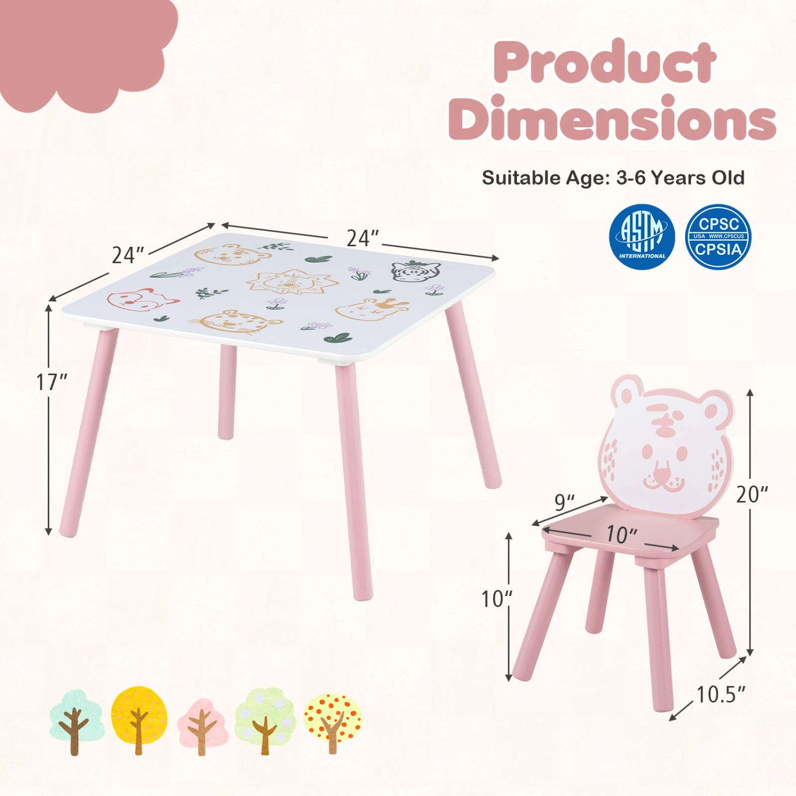SUGIFT 3-Piece Kids Table and Chairs Set with Animal Patterns 44-lb Table 66-lb Chairs Ages 3-6 White Green Yellow