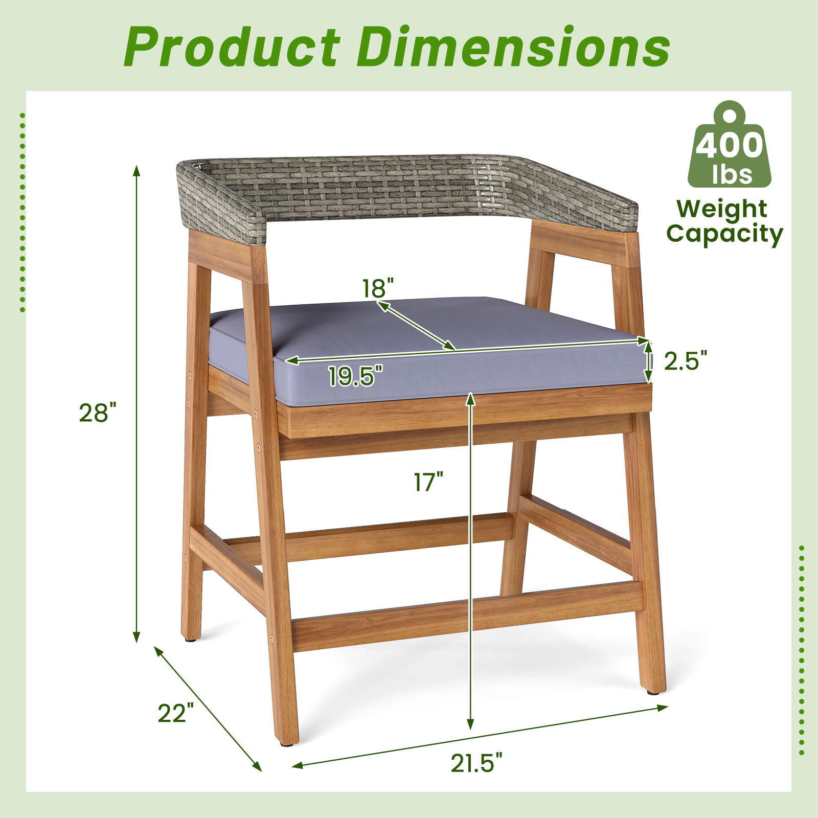 SUGIFT Outdoor Patio Wicker Dining Chairs 400-lb Capacity with Seat Cushion Mix Gray Rattan Gray Cushion