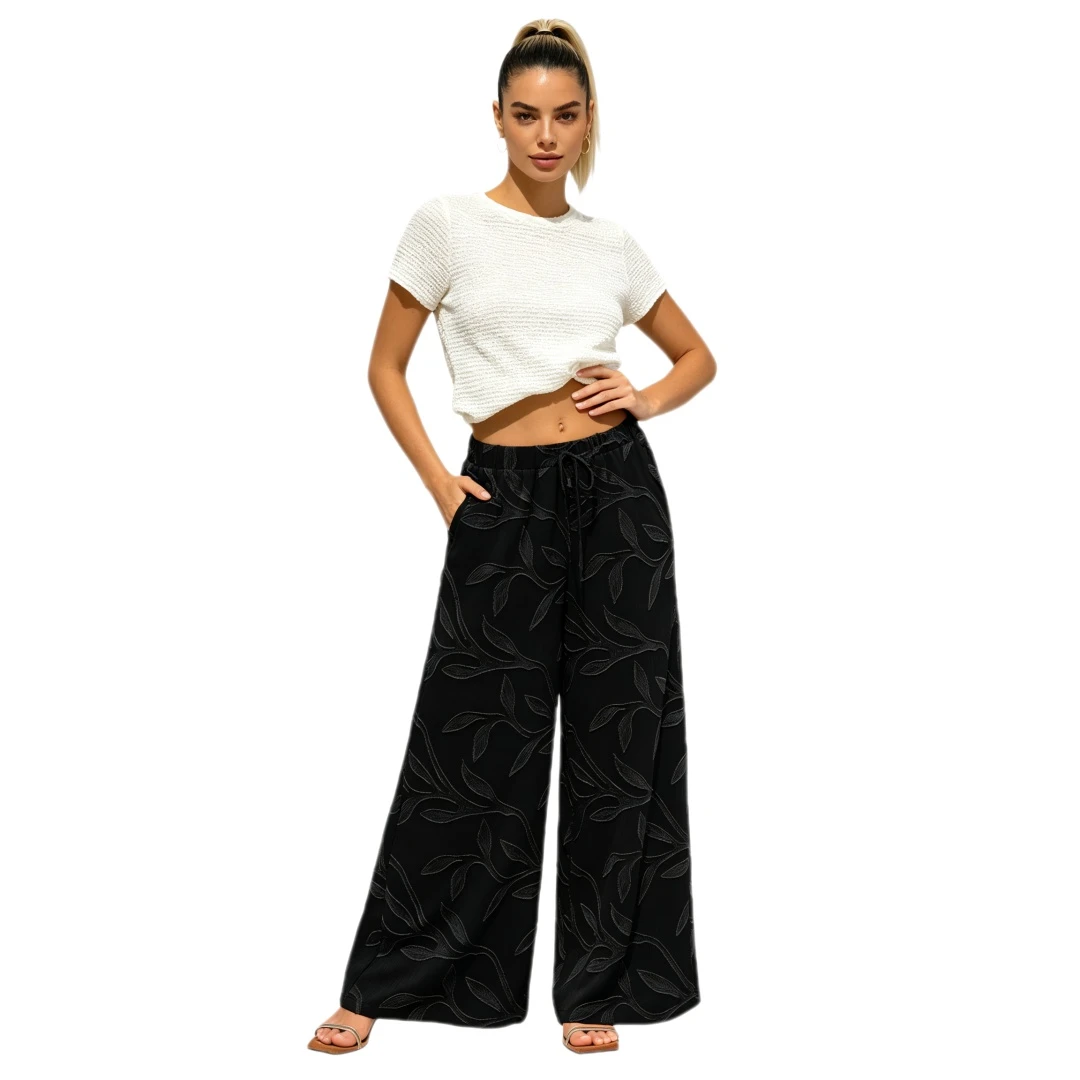Coolmee Women’s Wide Leg Pants Jacquard Elastic High Waist Drawstring Trousers Textured Casual