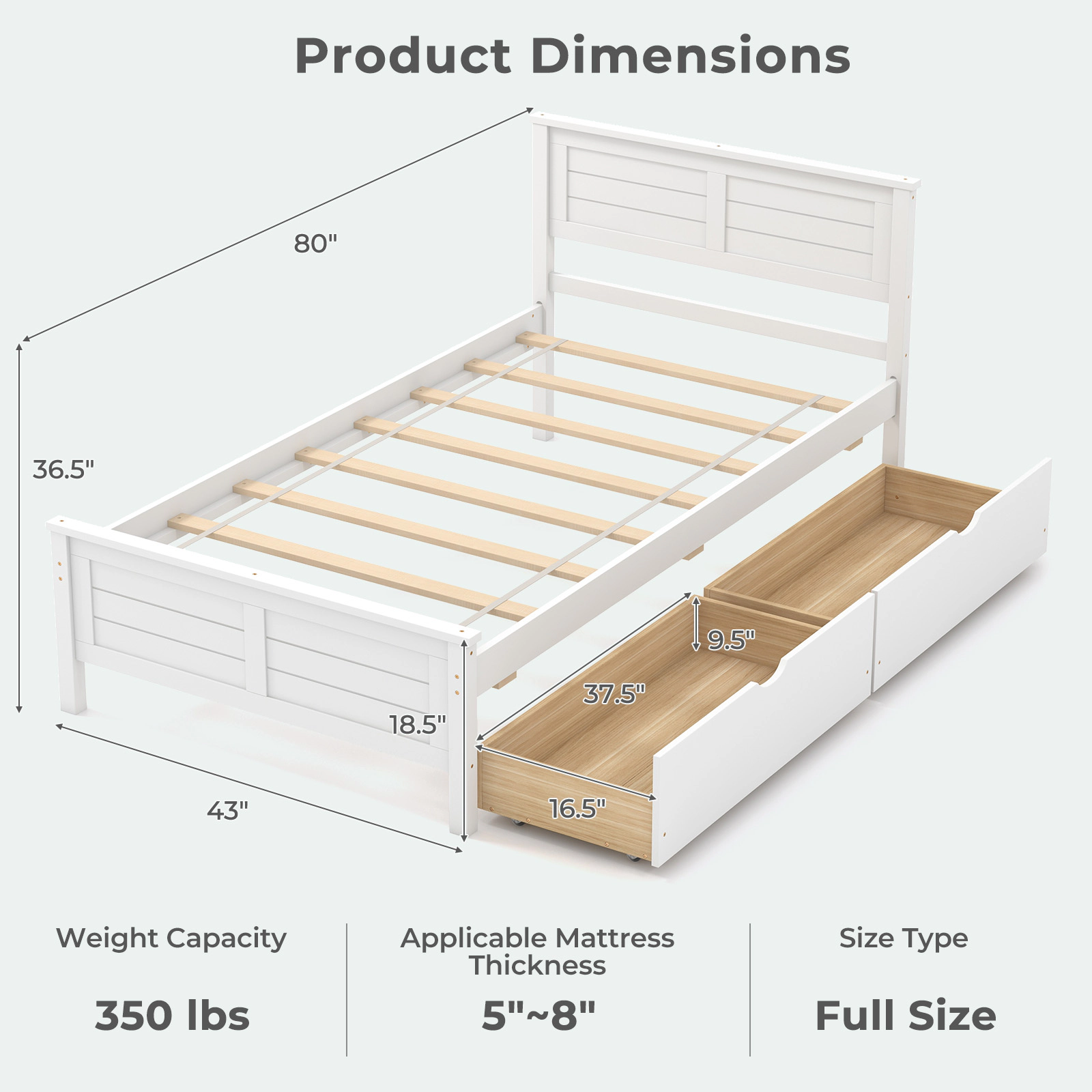 SUGIFT Twin Size Bed Frame with 2 Storage Drawers 350-lb Capacity 43-in Wide Wooden Slat Bed White