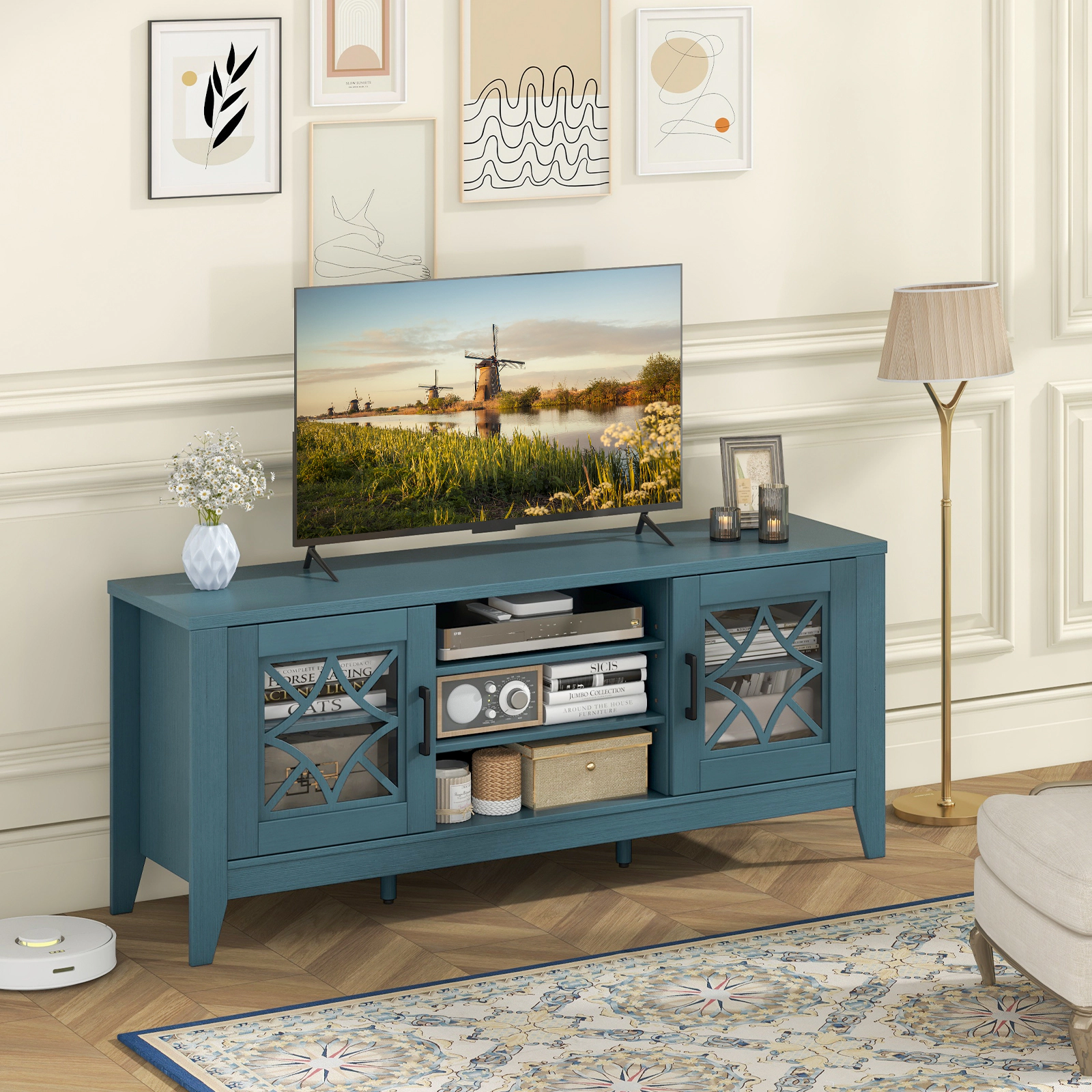 SUGIFT Farmhouse TV Stand for TVs Up to 65 Inches with Adjustable Shelves 200-lb Tabletop Capacity Teal Blue