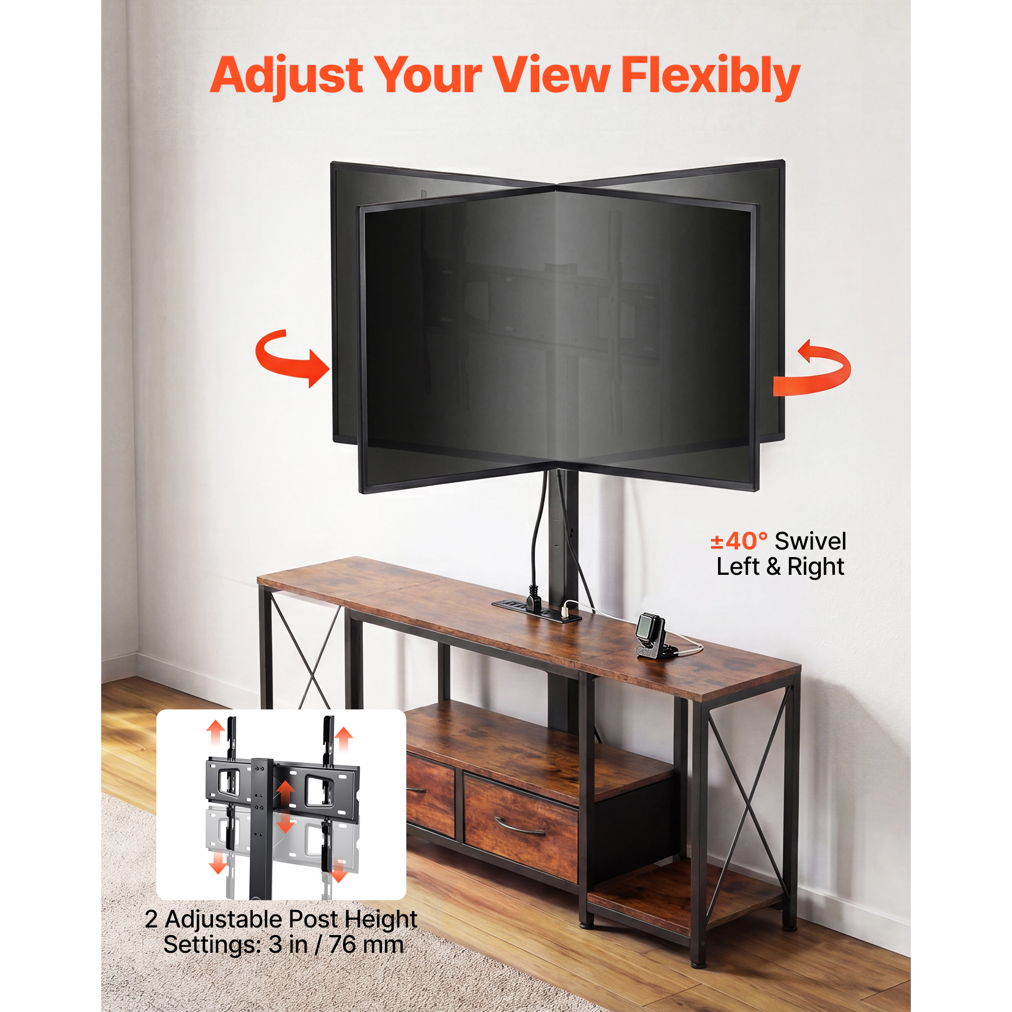 HONGGE TV Stand Console with Power Outlet for 32-75 Inch TVs, Height Adjustable Entertainment Center with Storage