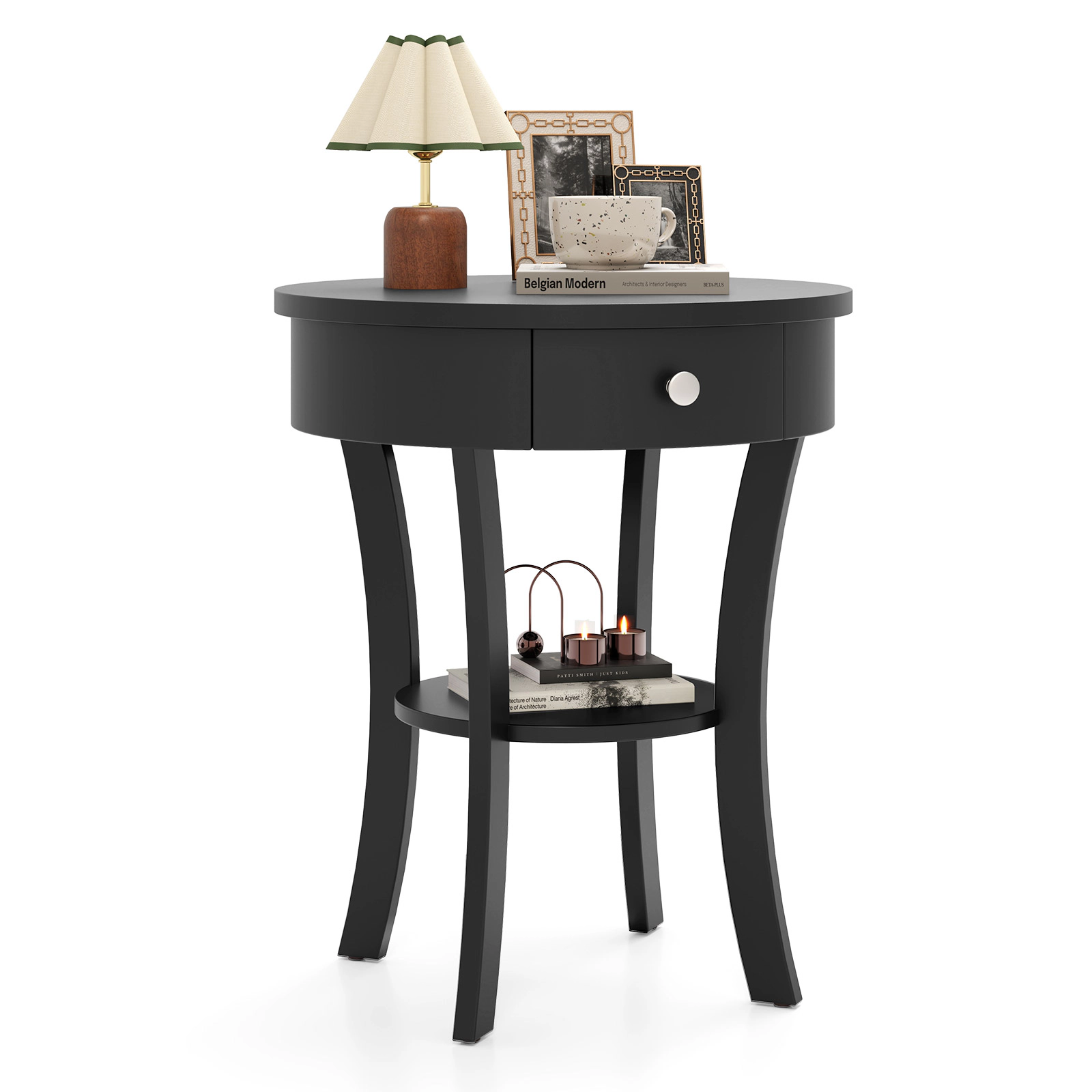 Glintex Round 2-Tier End Table with Open Drawer and Rubber Wood Legs