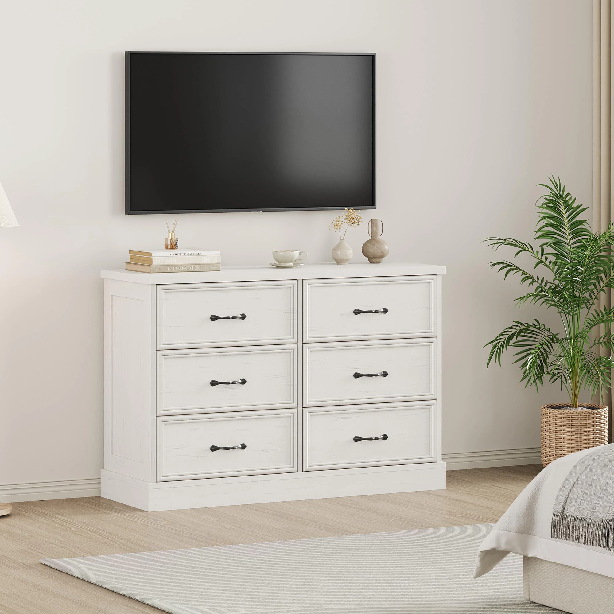 6 Drawer Wooden Dresser, 47" Wide Chest with Large Storage Drawers for Bedroom or Living Room