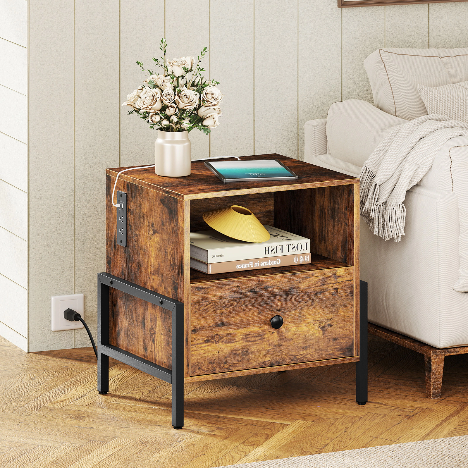 Hivvago Nightstand with Charging Station and Drawer Sofa Side Table