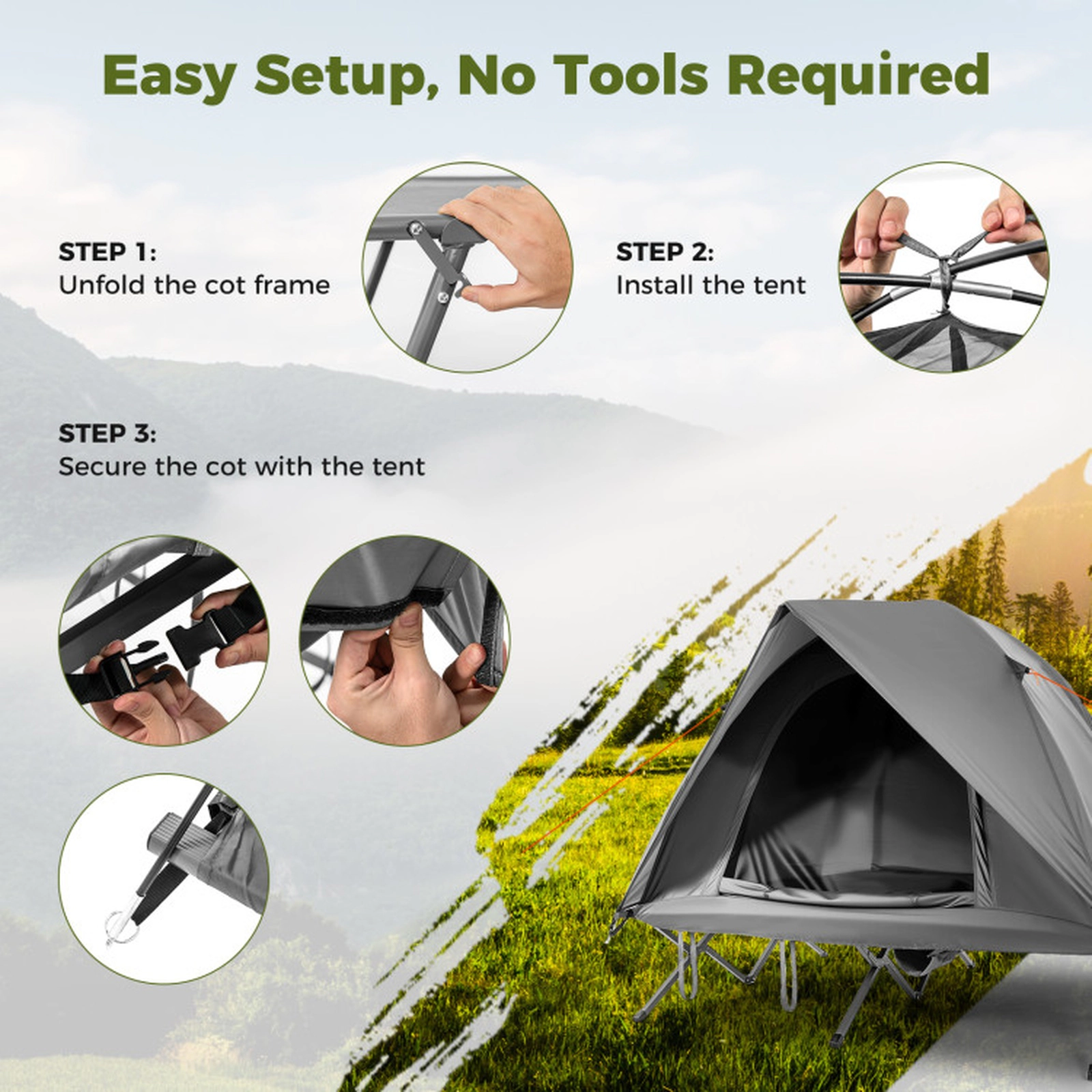 SUGIFT Grey 77-in 660-lb Capacity 2-Person Camping Cot Tent with 3000-mm Rainfly and Wheeled Bag