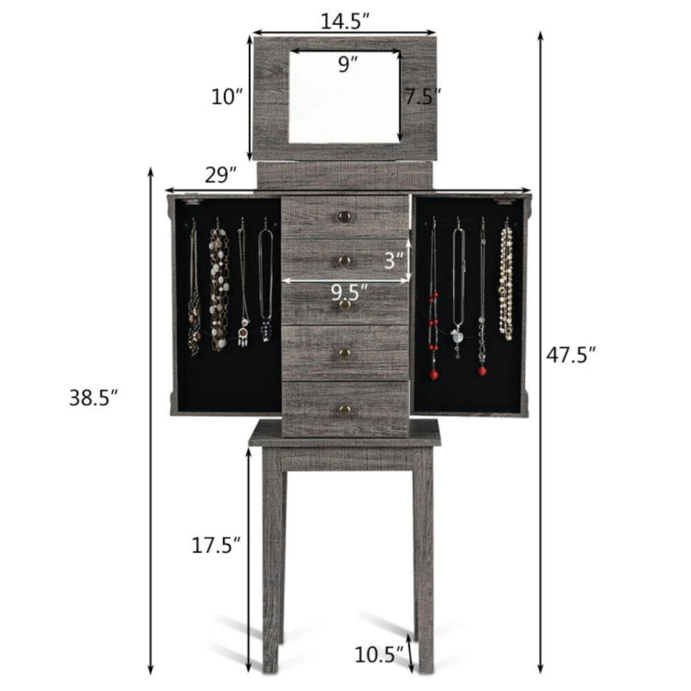Hivvago Standing Jewelry Cabinet Storage Organizer with Wooden Legs-Gray