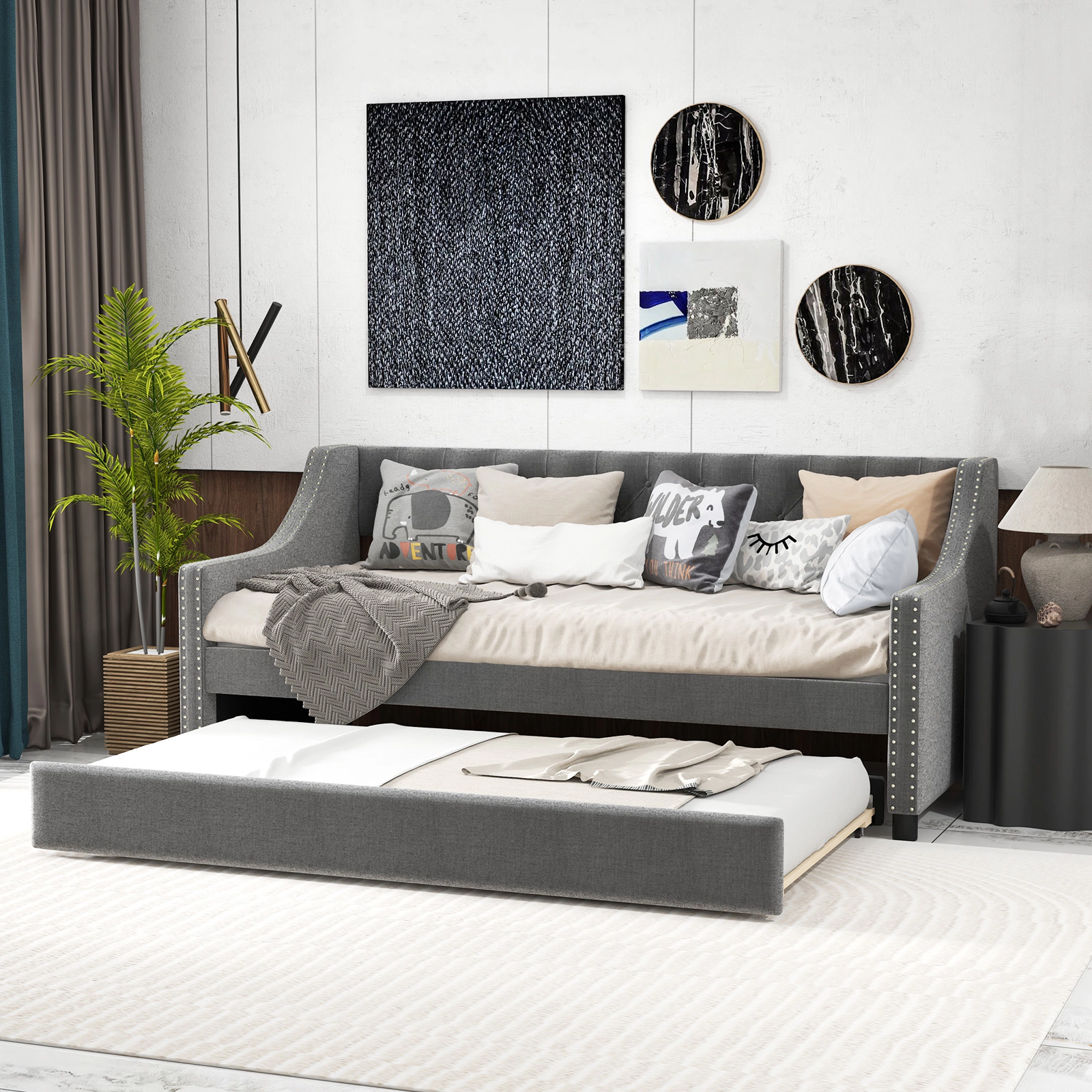 SUGIFT Gray Trundle Curved Armrests and Nailhead Trim Twin Size Teens Upholstered Daybed