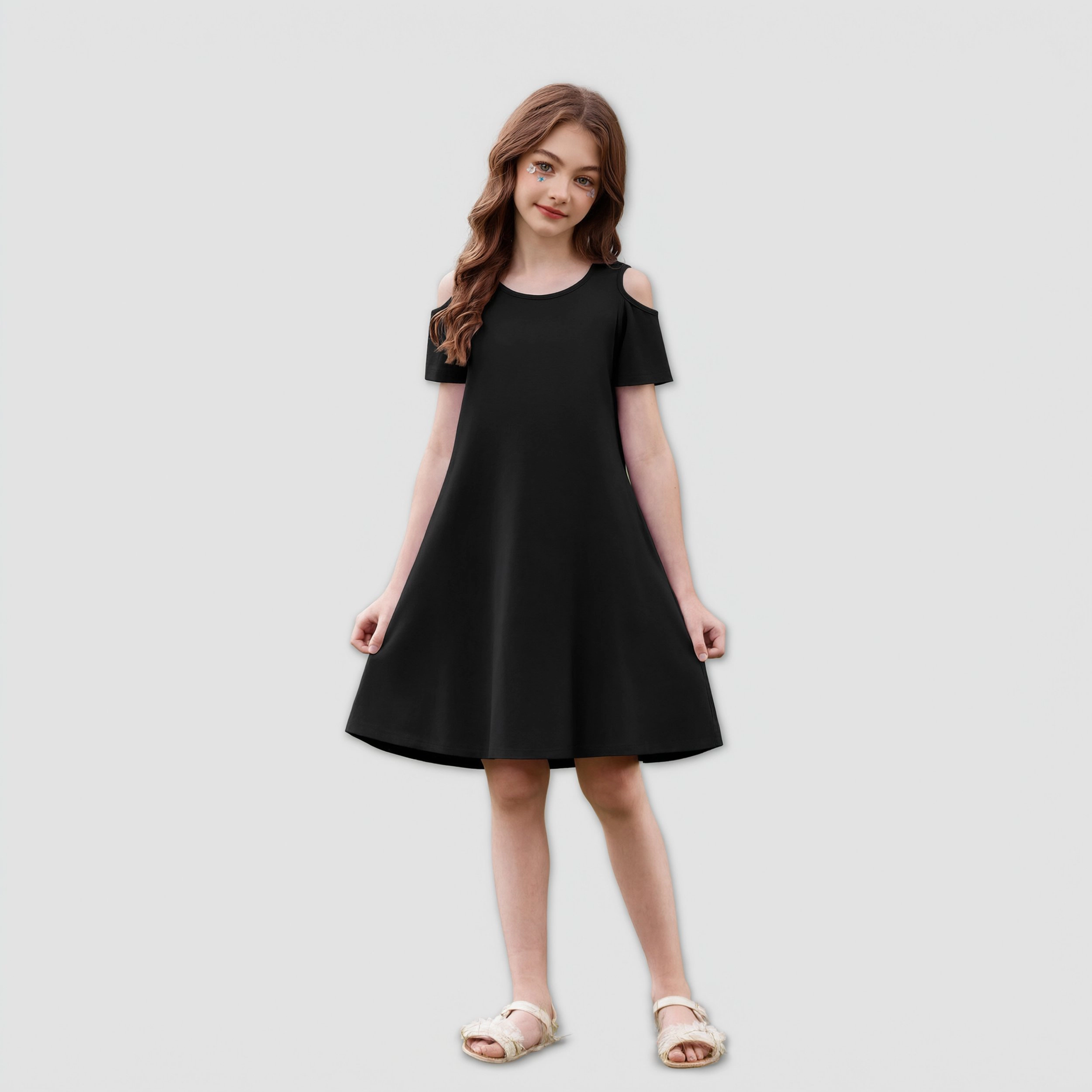 Arshiner Girls Summer Dress Short Sleeve Cold Shoulder Swing Casual Dresses With Pockets
